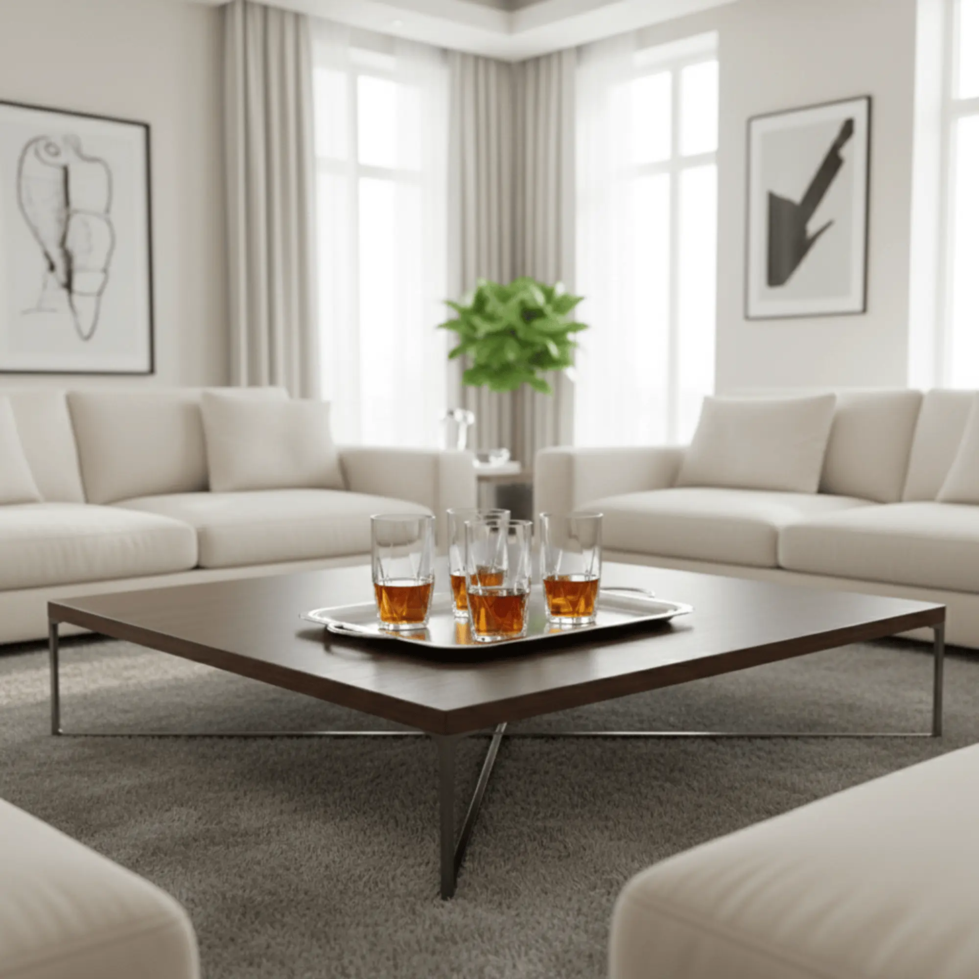 Premium set of four Topazio 360ml whiskey glasses by Nadir Figueiredo served on a silver tray on a modern center table.