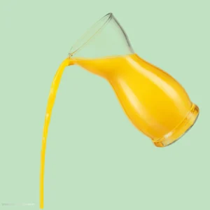 Borgonovo Indro 500ml glass carafe pouring fresh orange juice against a light green background.