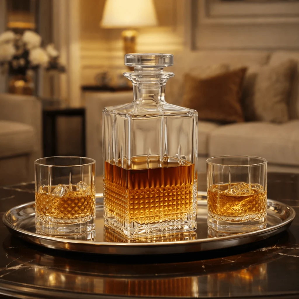 Bormioli Rocco Bartender 750ml decanter and two whiskey glasses with ice served on a round silver tray.