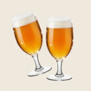 Set of 2 Bormioli Rocco New Kalix beer glasses made of tempered Italian glass with a round stem and 410ml capacity.