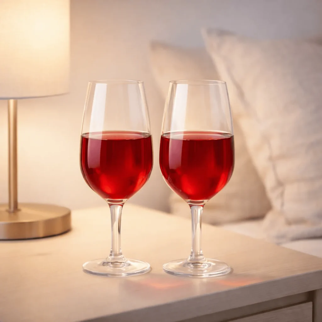 Luxury Bormioli Rocco Riserva Degustazione red wine glasses filled with ruby red wine placed on a modern bedroom side table