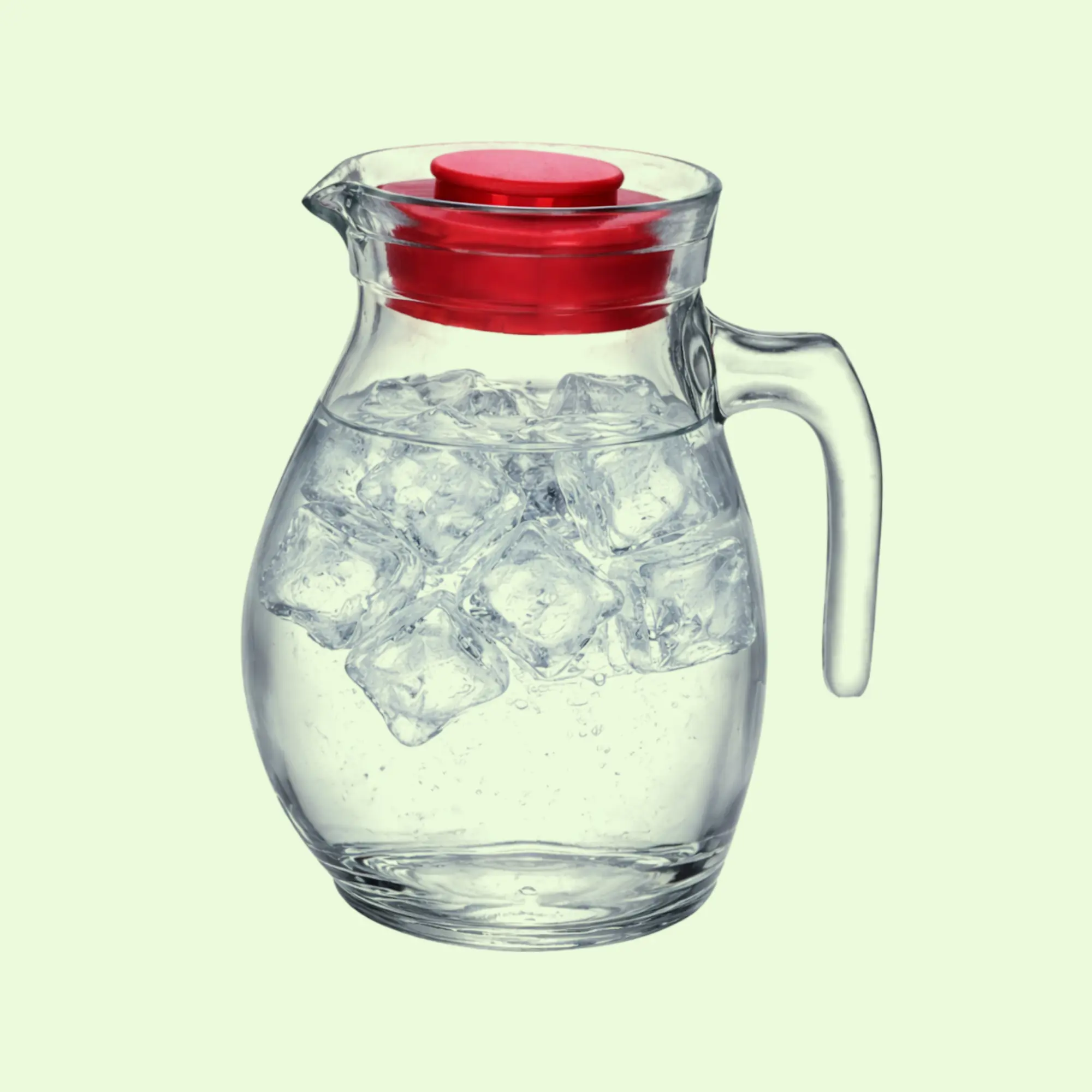 Bormioli Rocco Sangria 1.5 Ltr glass jug for water serving with red lid.