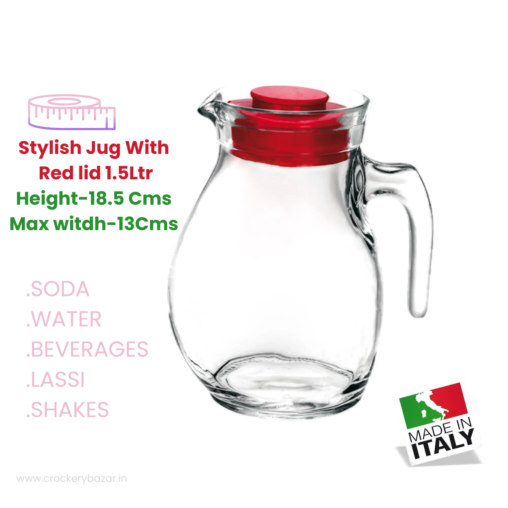 Technical size specifications for Bormioli Rocco Sangria glass jug showing 18.5 cm height and 13 cm width.