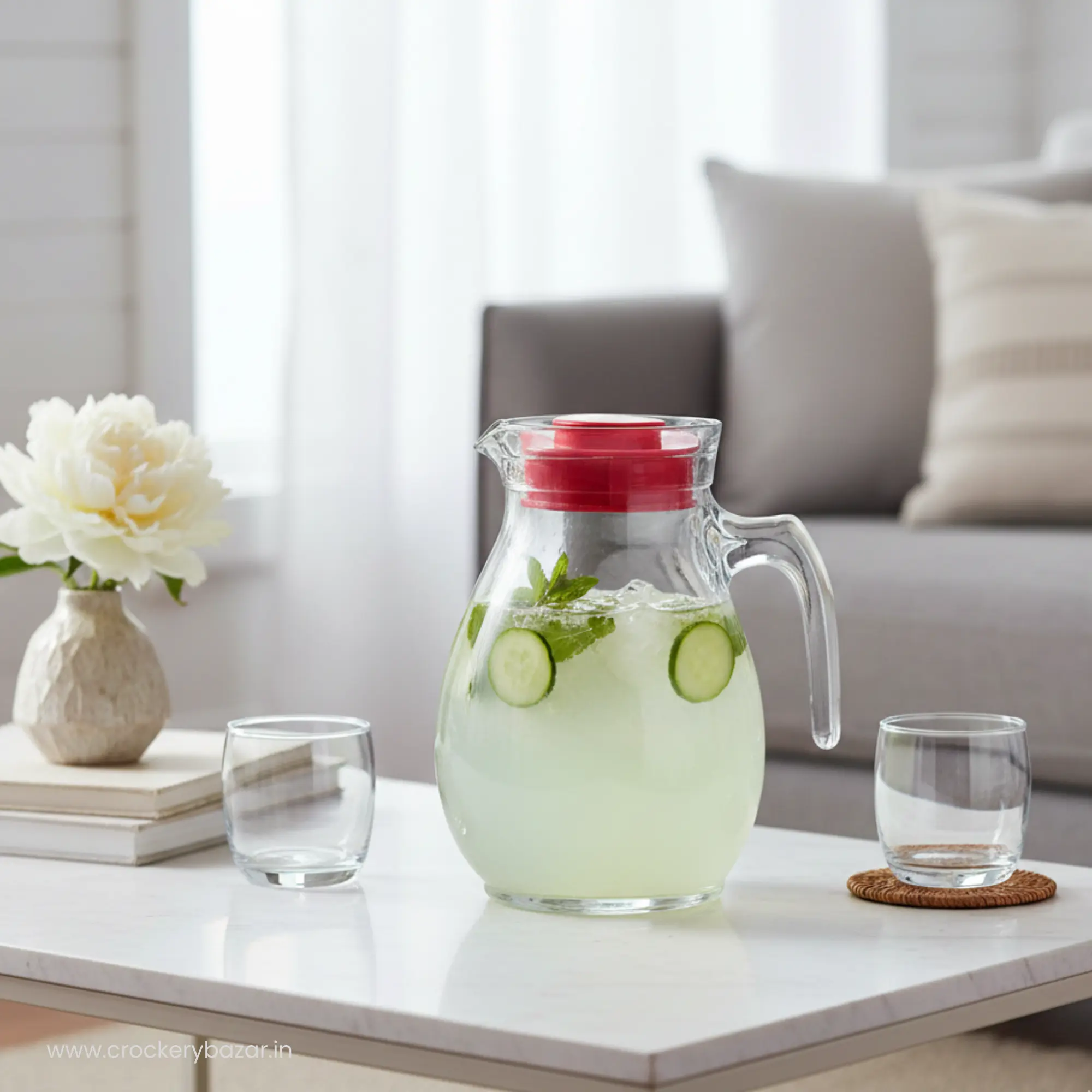 Bormioli Rocco Sangria glass jug with lid for water serving and chilled lime juice on a center table.