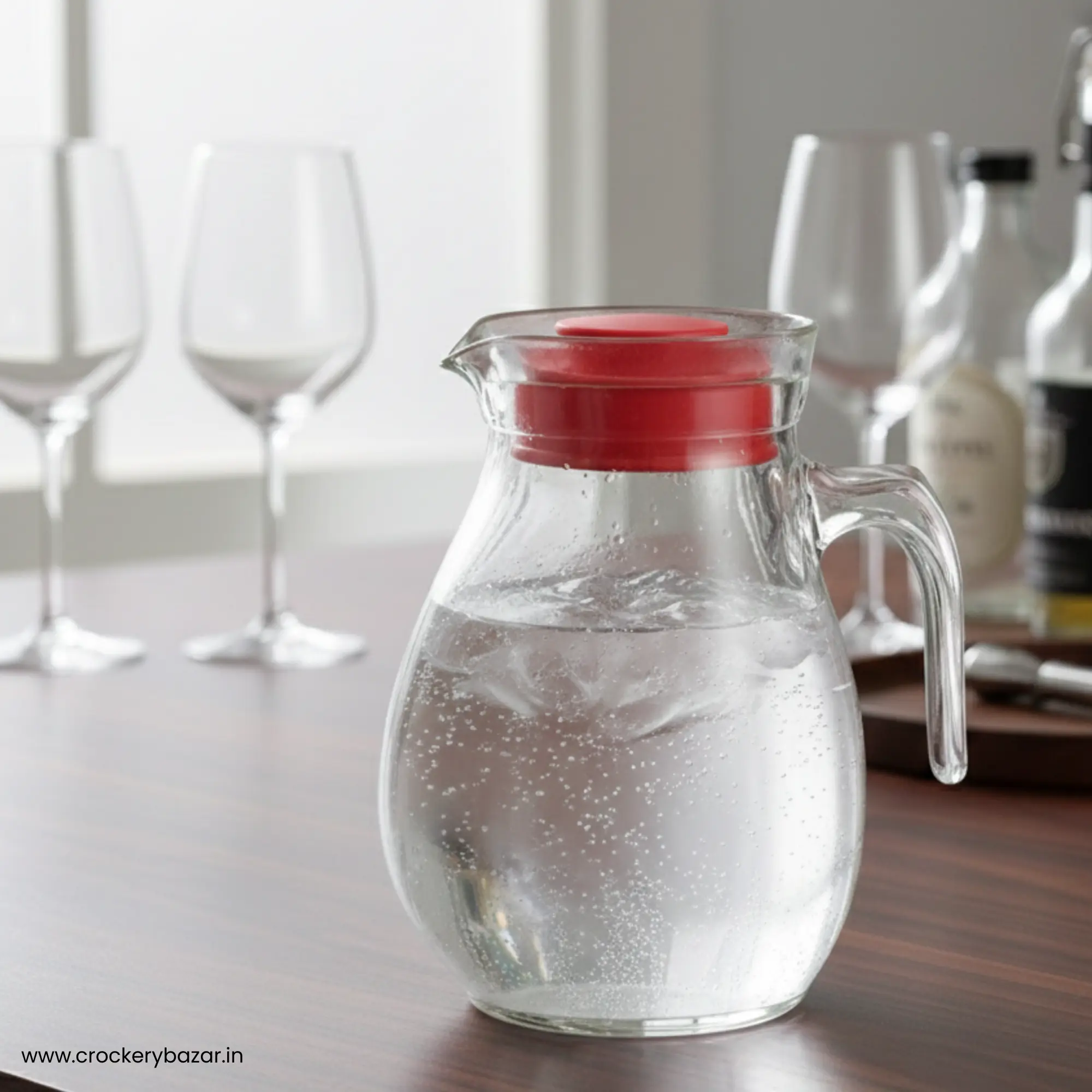 Bormioli Rocco Sangria glass jug for water serving or soda in a home bar setting. Title: Bormioli Rocco Sangria Home Bar Glassware Jug