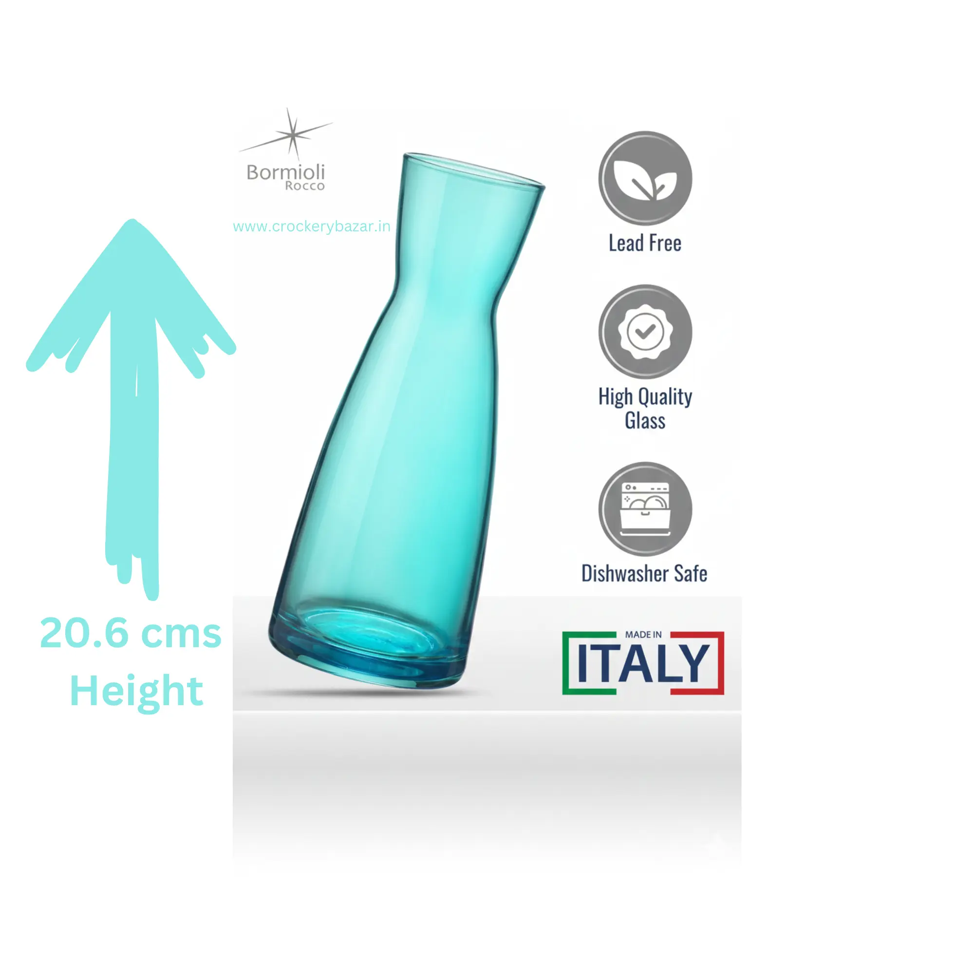 Technical details of the 20.6 cm Sky Blue Bormioli Rocco Ypsilon vase: Lead-free, Dishwasher safe, and Made in Italy.