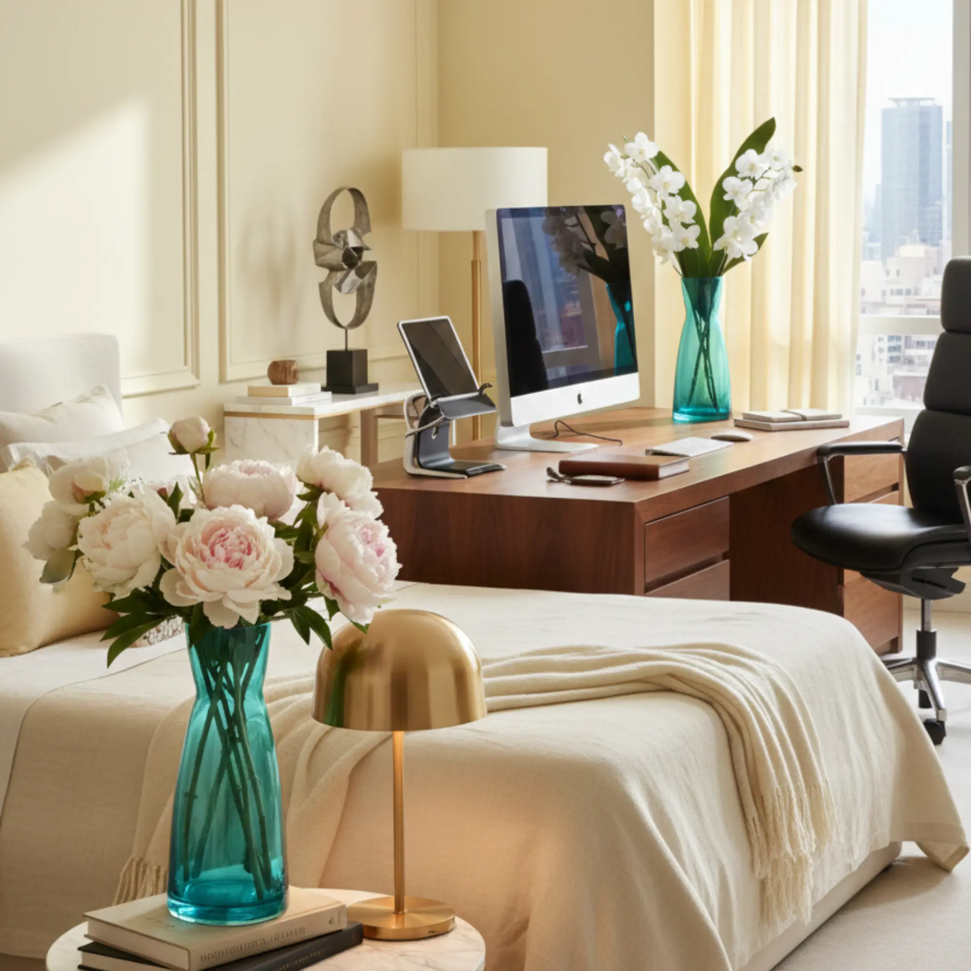 Pair of Sky Blue Bormioli Rocco Ypsilon 20.6 cm glass vases styled on a marble bedside table and a wooden executive desk in a luxury bedroom.