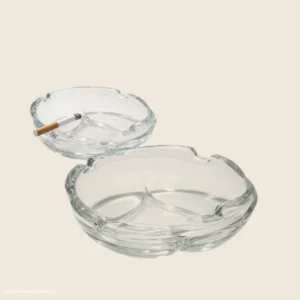Two Bormioli Rocco Zero 11.1 cm clear glass ashtrays, one shown with a cigarette in one of its four slots.