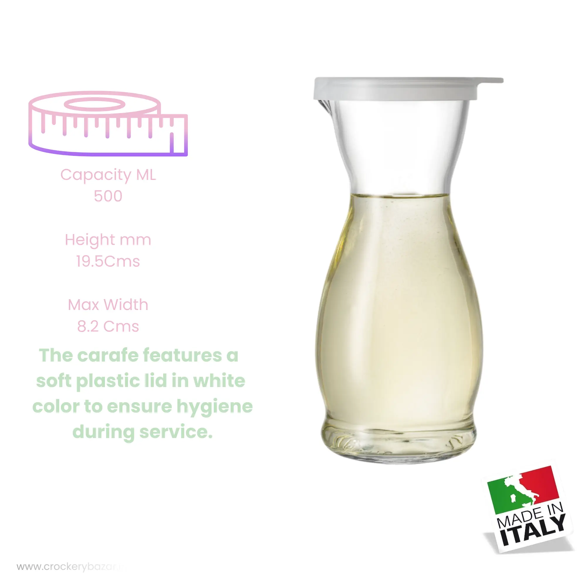 Front view of a Borgonovo Indro 0.5L glass carafe with a white plastic lid filled with white wine.