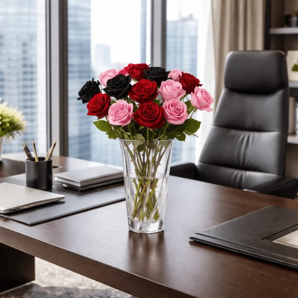 24 cm Cristal D'Arques Elexir French Diamax crystal vase with red, pink, and black roses on a dark wood executive office desk.