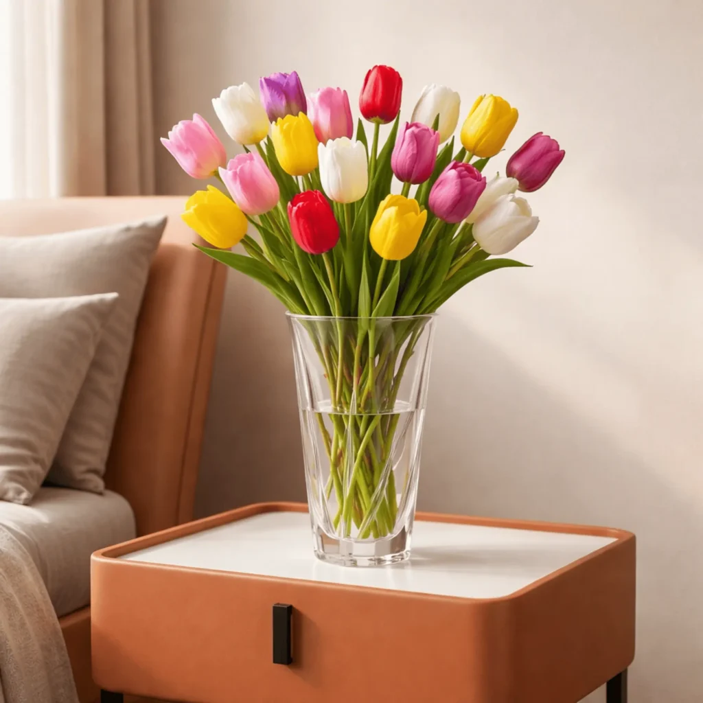 24 cm Cristal D'Arques Elexir vase with a vibrant bouquet of yellow, red, and pink tulips on a modern tan leather bedside table.