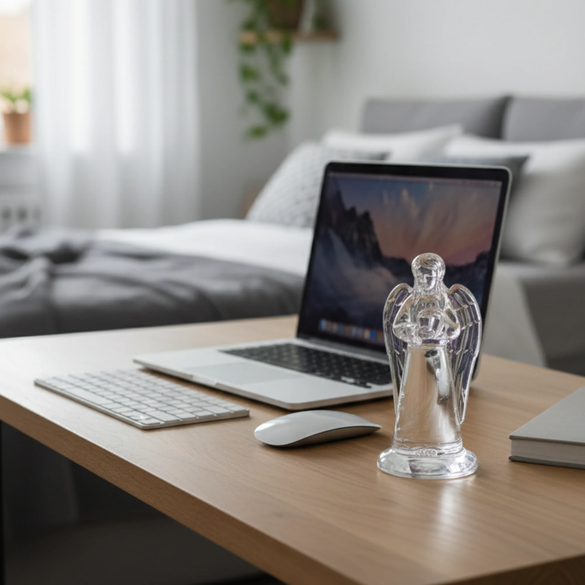 17.9cm Cristal D’Arques Paris Ange crystal angel figurine on a wooden desk next to a laptop in a modern bedroom.