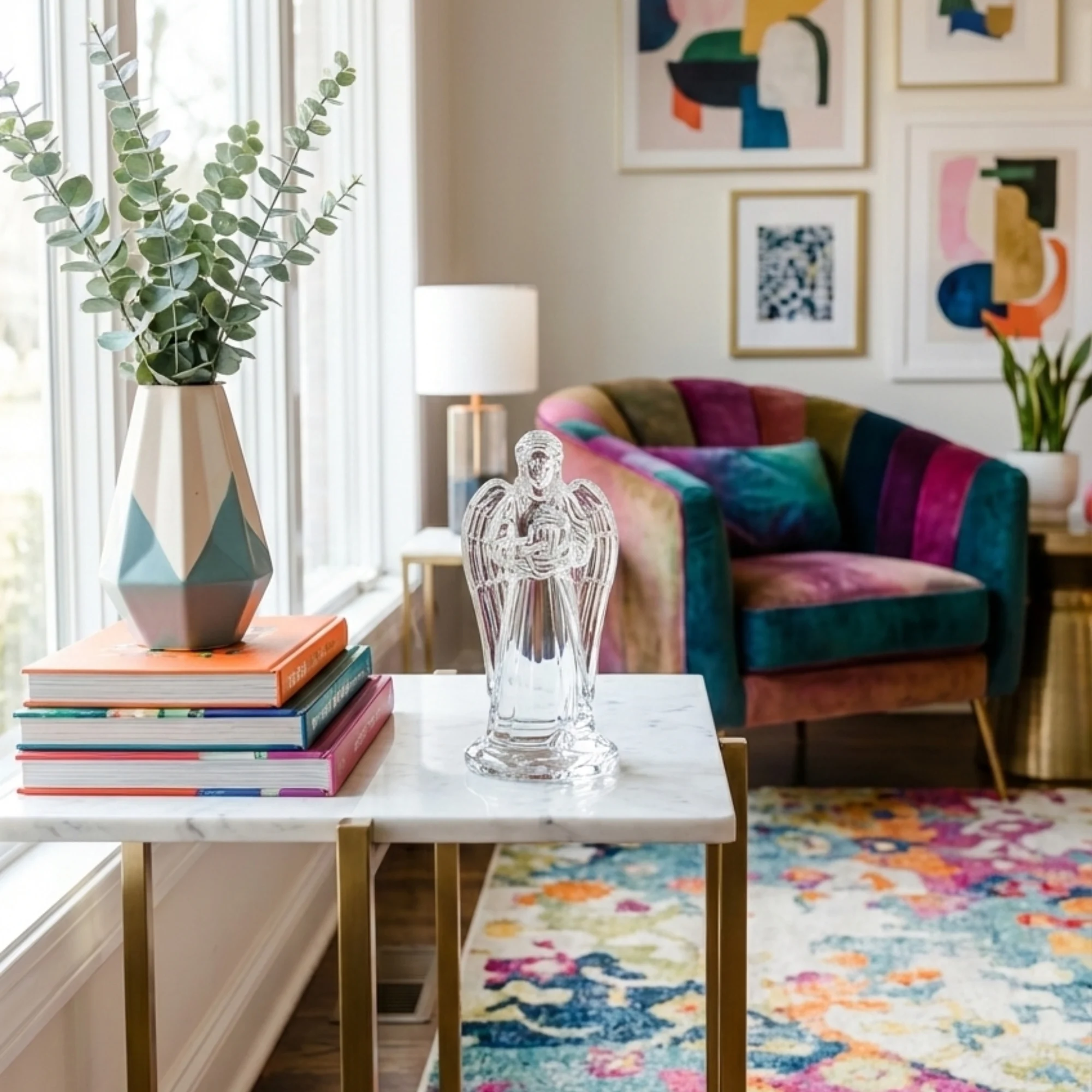 17.9cm Cristal D’Arques Paris 'Ange' crystal angel figurine styled on a wooden table in a vibrant, modern living room.