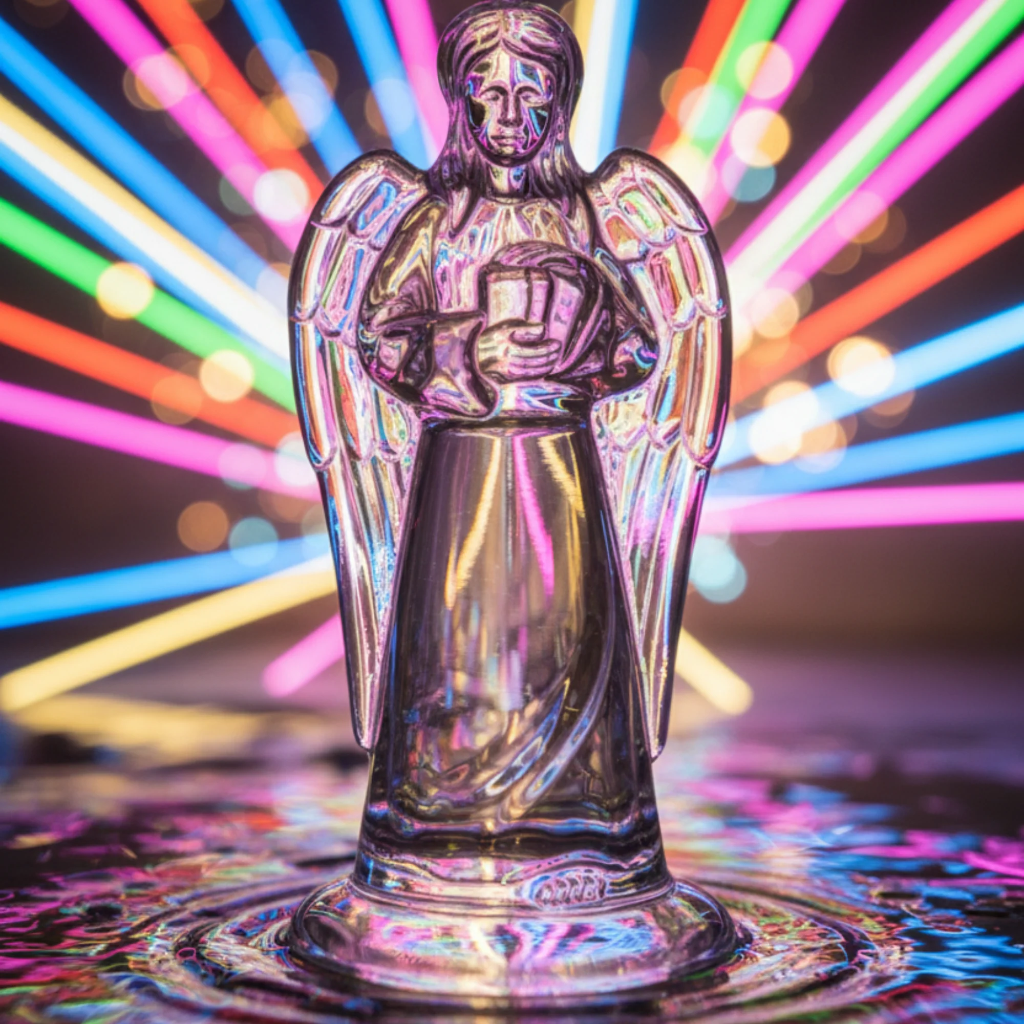 17.9cm Cristal D’Arques Paris Ange crystal angel figurine with a mesmerizing rainbow light background and frosted base detail.