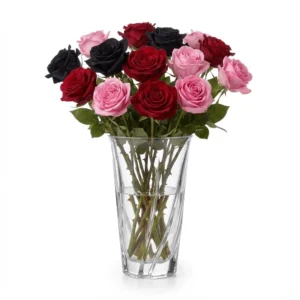 Luxury 24 cm Cristal D'Arques Elexir vase made of French Diamax crystal with a premium bouquet of red, pink, and black roses.