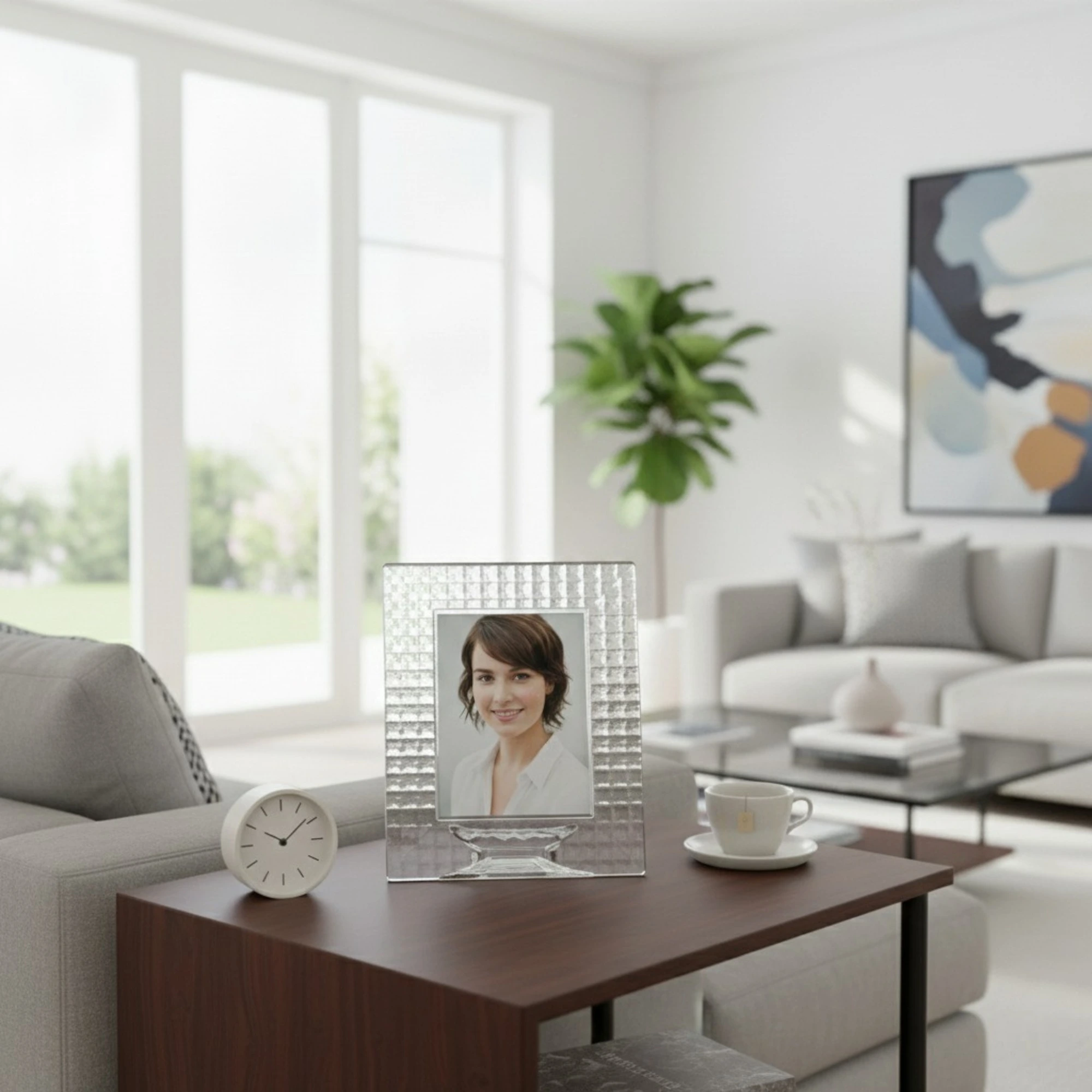 Vertical diamond pattern glass picture frame for home decor displayed on a wooden side table in a bright drawing room.