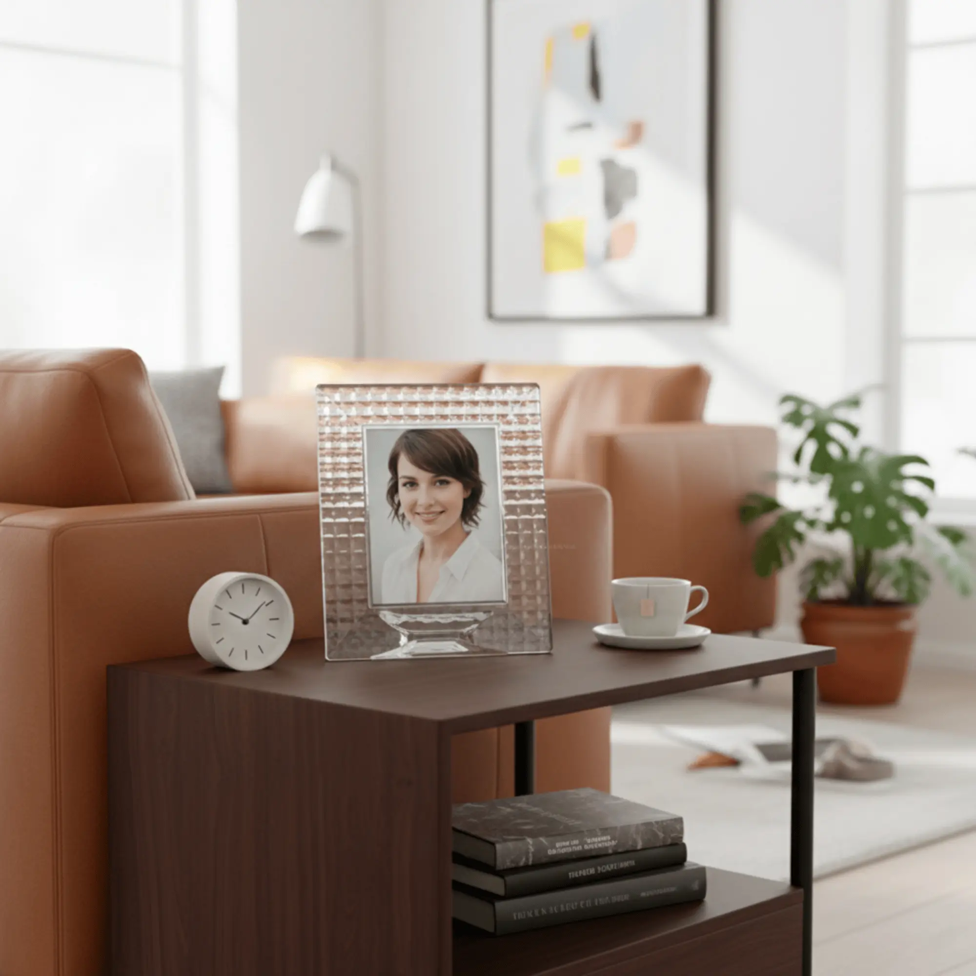 Vertical Italian glass picture frame displayed on a dark wood side table in a modern living room setting.