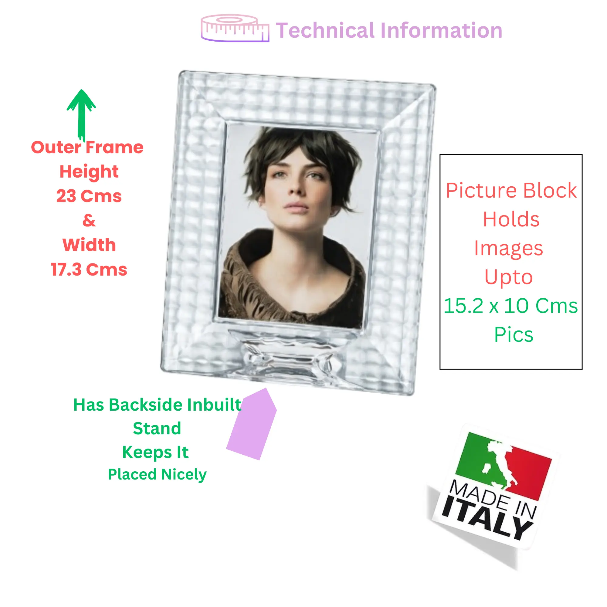 Technical specifications for Ego-Alter glass photo frame showing 23x17.3 cm outer size and 15.2x10 cm photo capacity for home decor & gift .