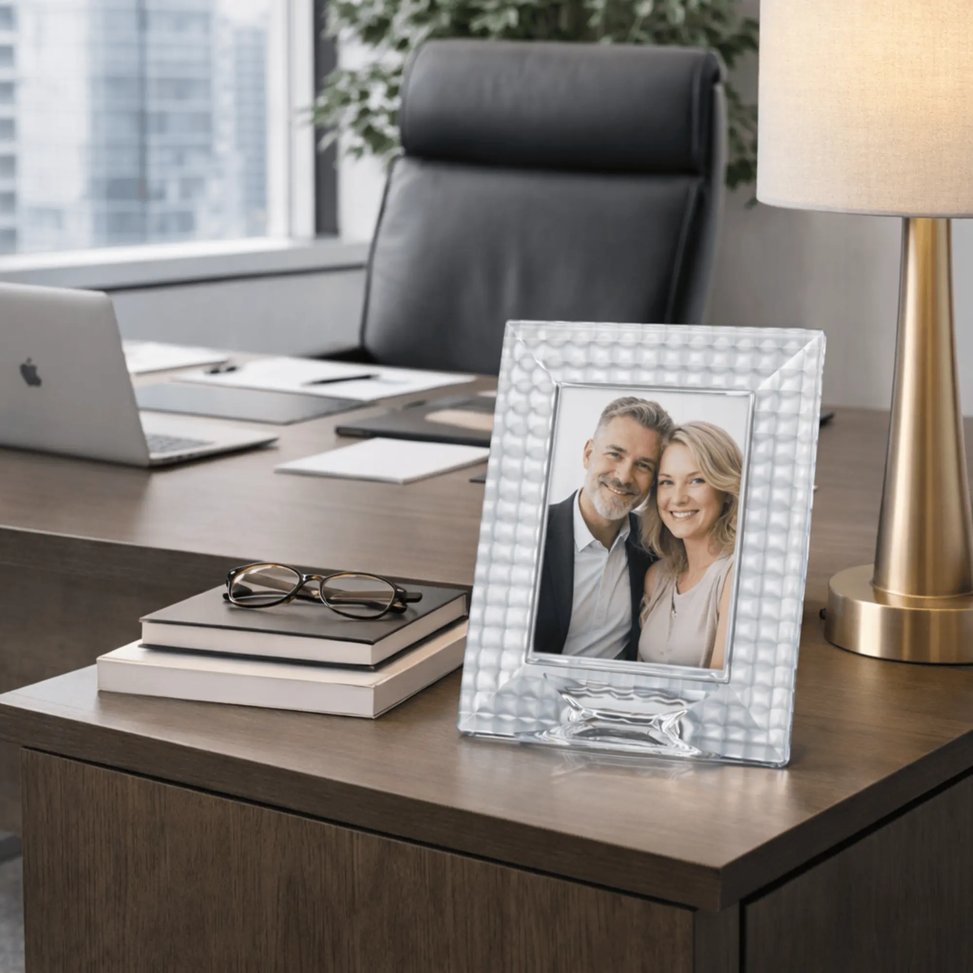 Vertical Italian glass photo frame with diamond texture on a professional wooden office desk next to a laptop and lamp.
