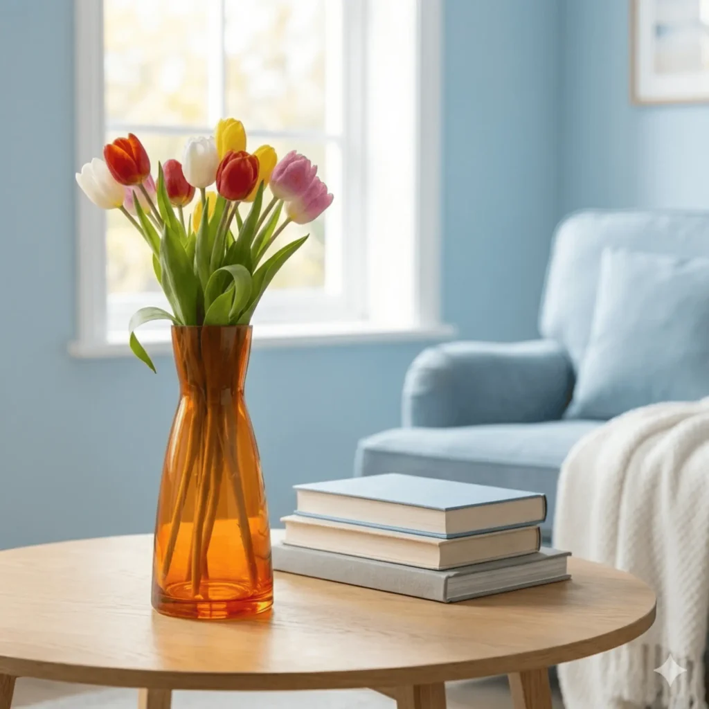 Stunning orange glass vase for living room center table decor styled with fresh flowers and books.