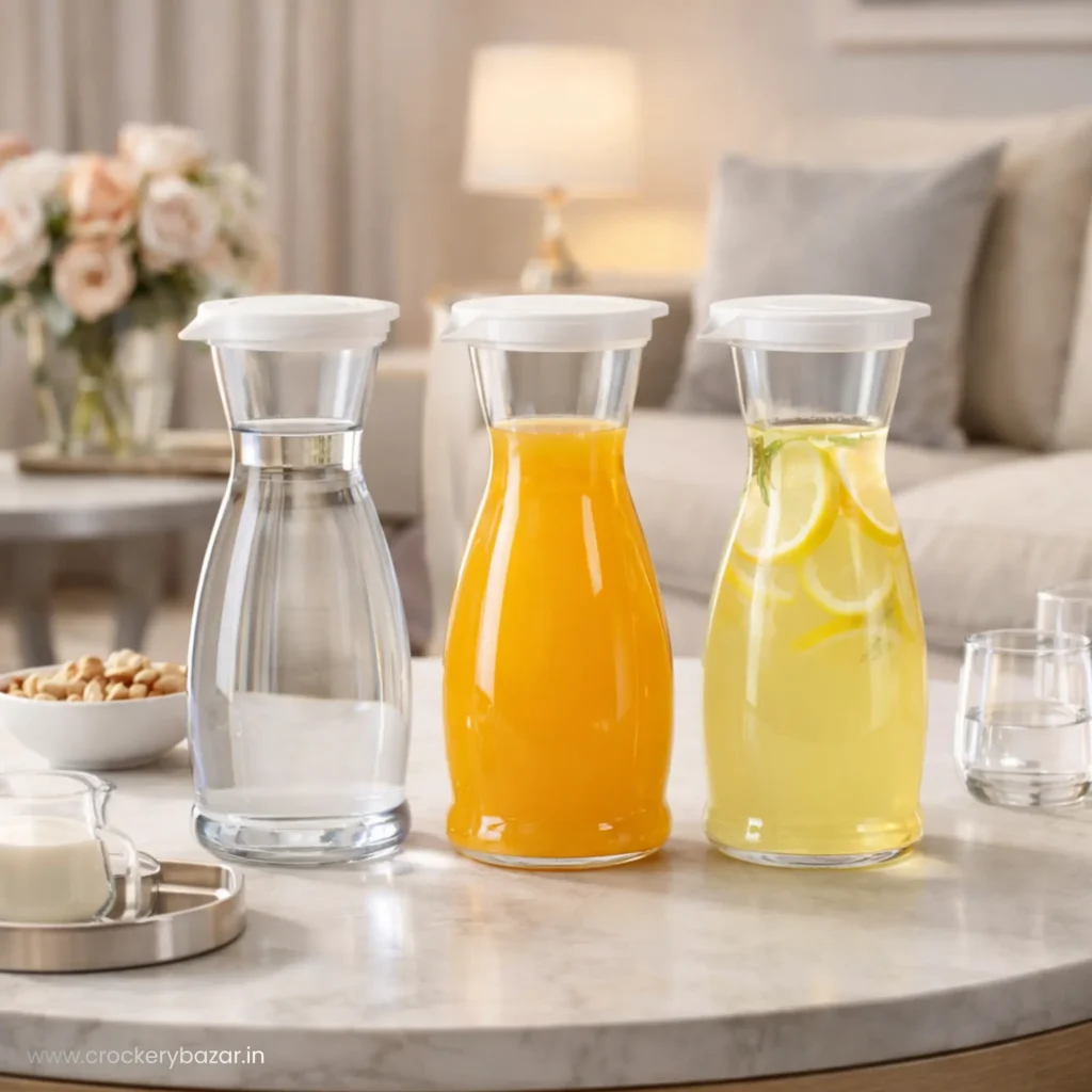 Three glass carafes on a marble center table containing water, orange juice, and lemon-infused water.