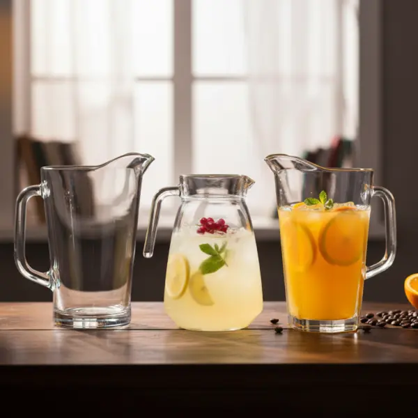 Collection of imported crystal and glassware jugs, 1.2 litre size, with handles for easy fridge storage