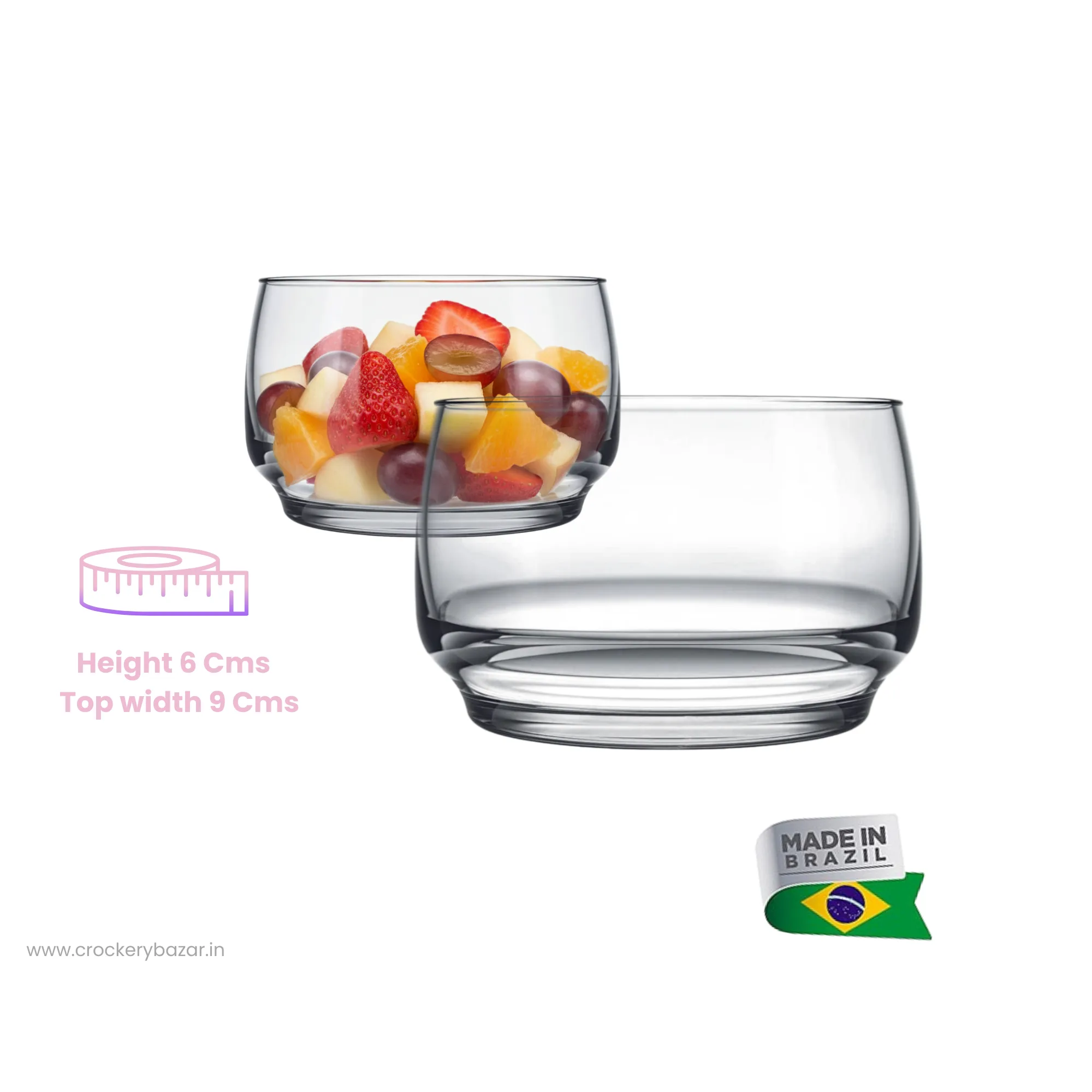 Technical diagram showing the Nadir Figueiredo Lights bowl with 6cm height and 9cm top width next to a bowl of fruit salad.