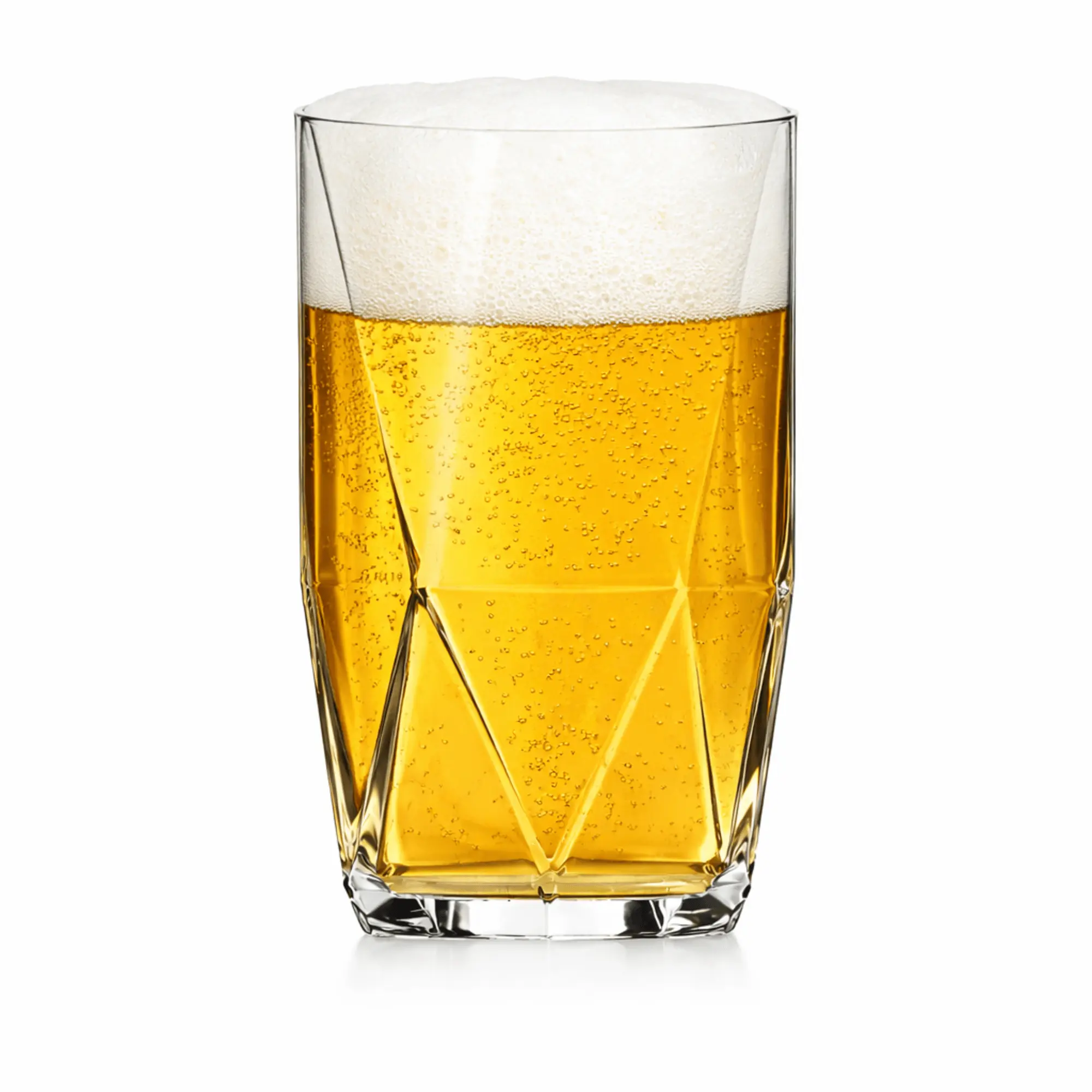 Nadir Figueiredo Topazio 360ml glass filled with beer, showcasing the transition from a round rim to a unique diamond-cut geometric base.