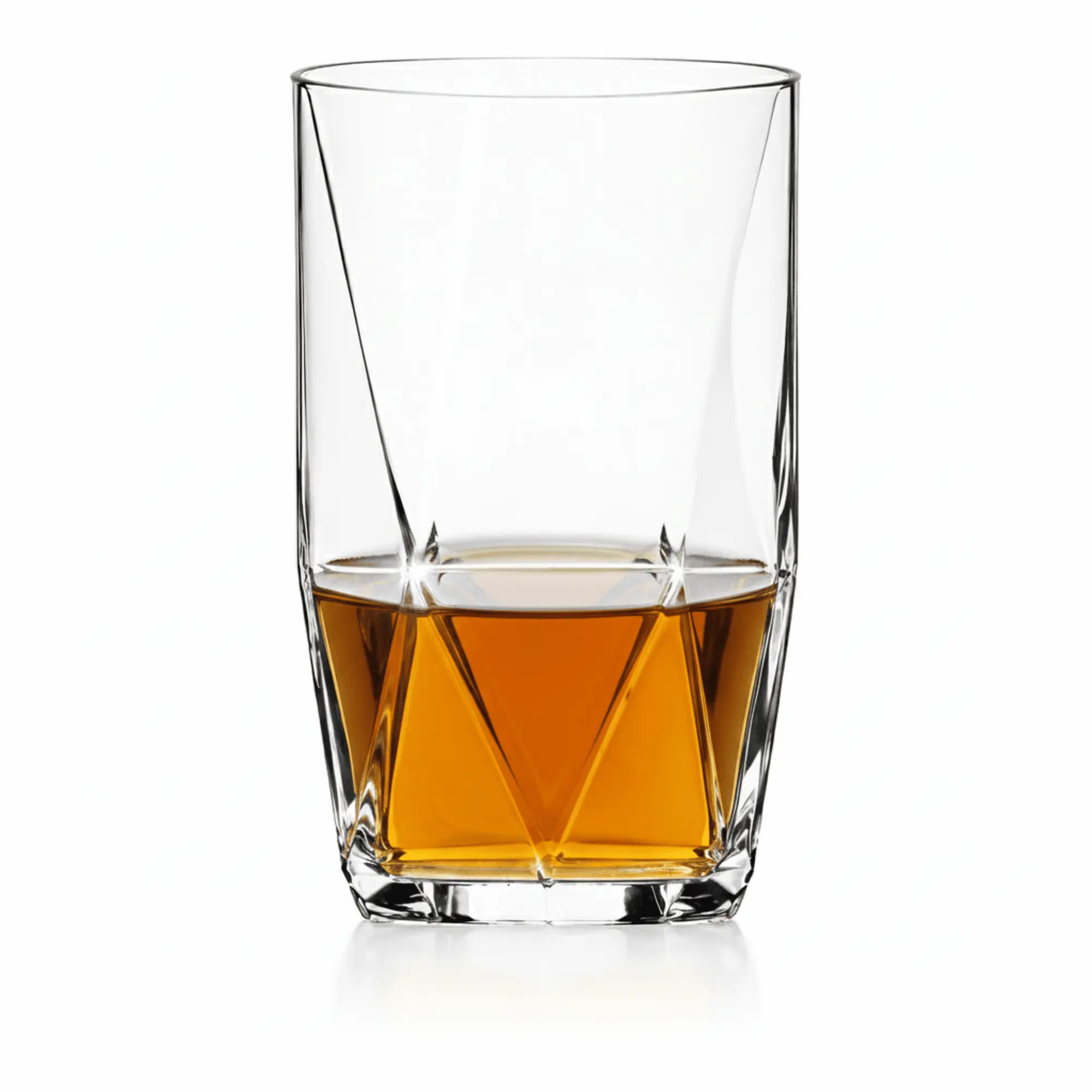 A single Nadir Figueiredo Topazio 360ml whiskey glass with whiskey, showcasing its unique round top and diamond-cut geometric base against a white background.