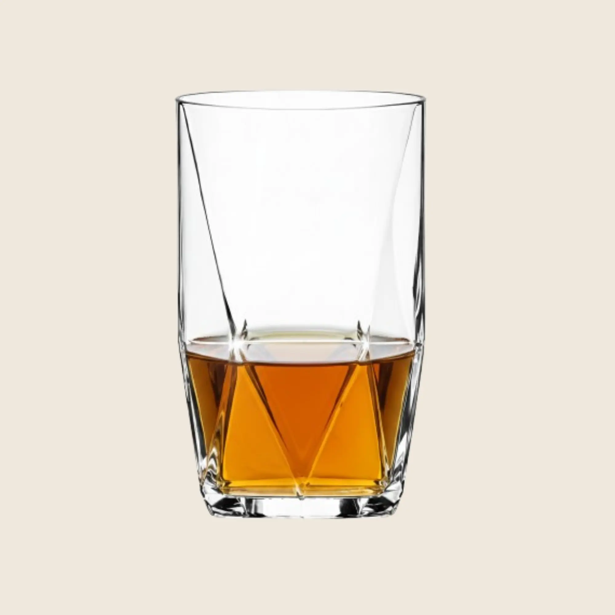Premium Nadir Figueiredo Topazio 360ml whiskey glass set of 6 featuring a unique diamond shape and a round rim made in Brazil.