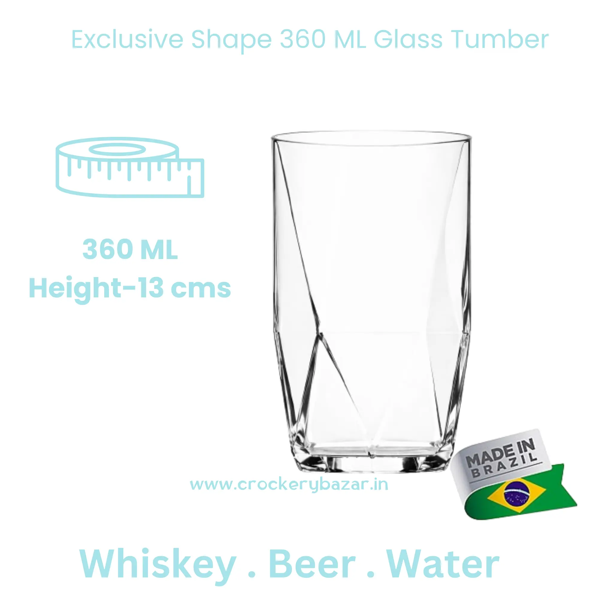 Technical specifications for Topazio 360ml whiskey glass showing 13cm height and unique diamond-cut geometric shape made in Brazil.