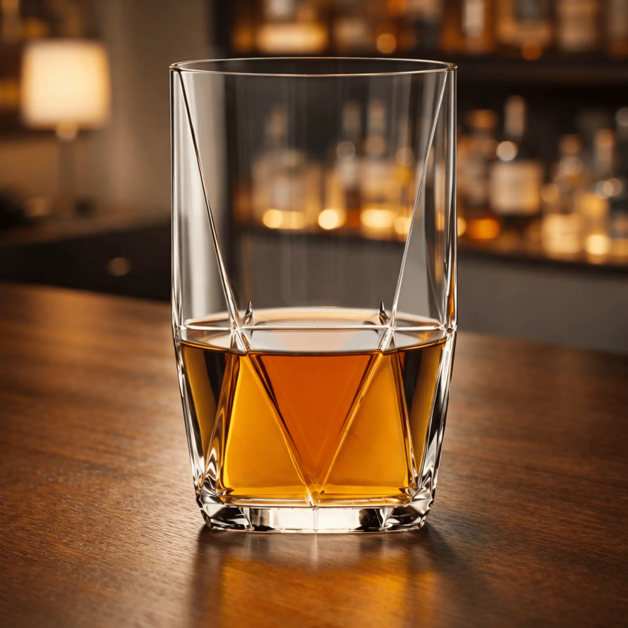 Premium Topazio 360ml whiskey glass by Nadir Figueiredo featuring a round rim and diamond-cut base on a luxury home bar counter.