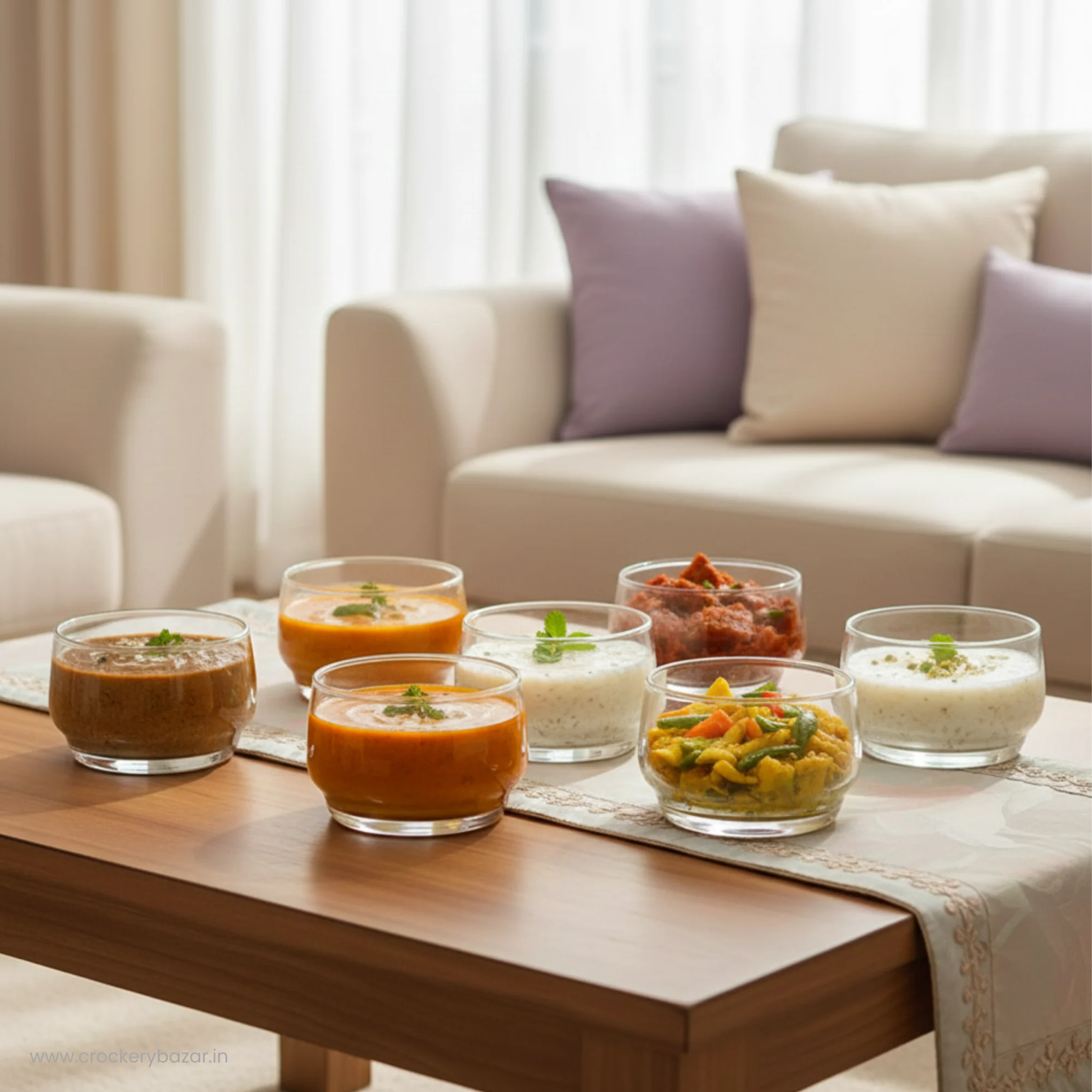 Seven Lights glass bowls filled with various Indian curries, dals, and raita on a wooden coffee table.