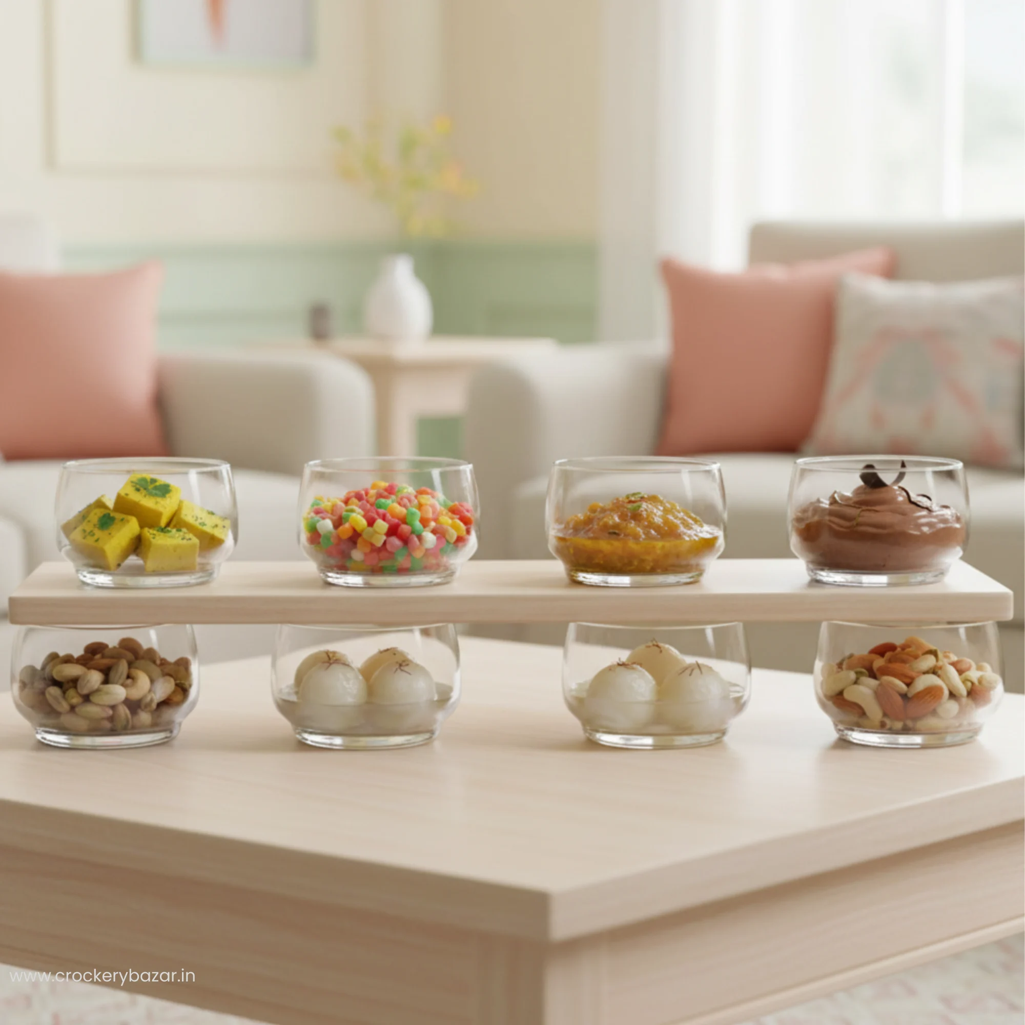 Eight Lights glass bowls displayed on a two-tier wooden stand filled with snacks, nuts, and Indian sweets.