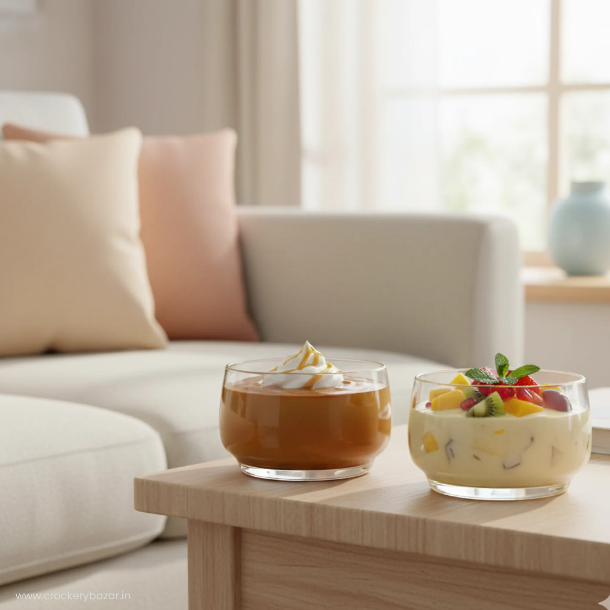 Two Lights glass bowls on a wooden table, one filled with chocolate pudding and the other with fruit custard.
