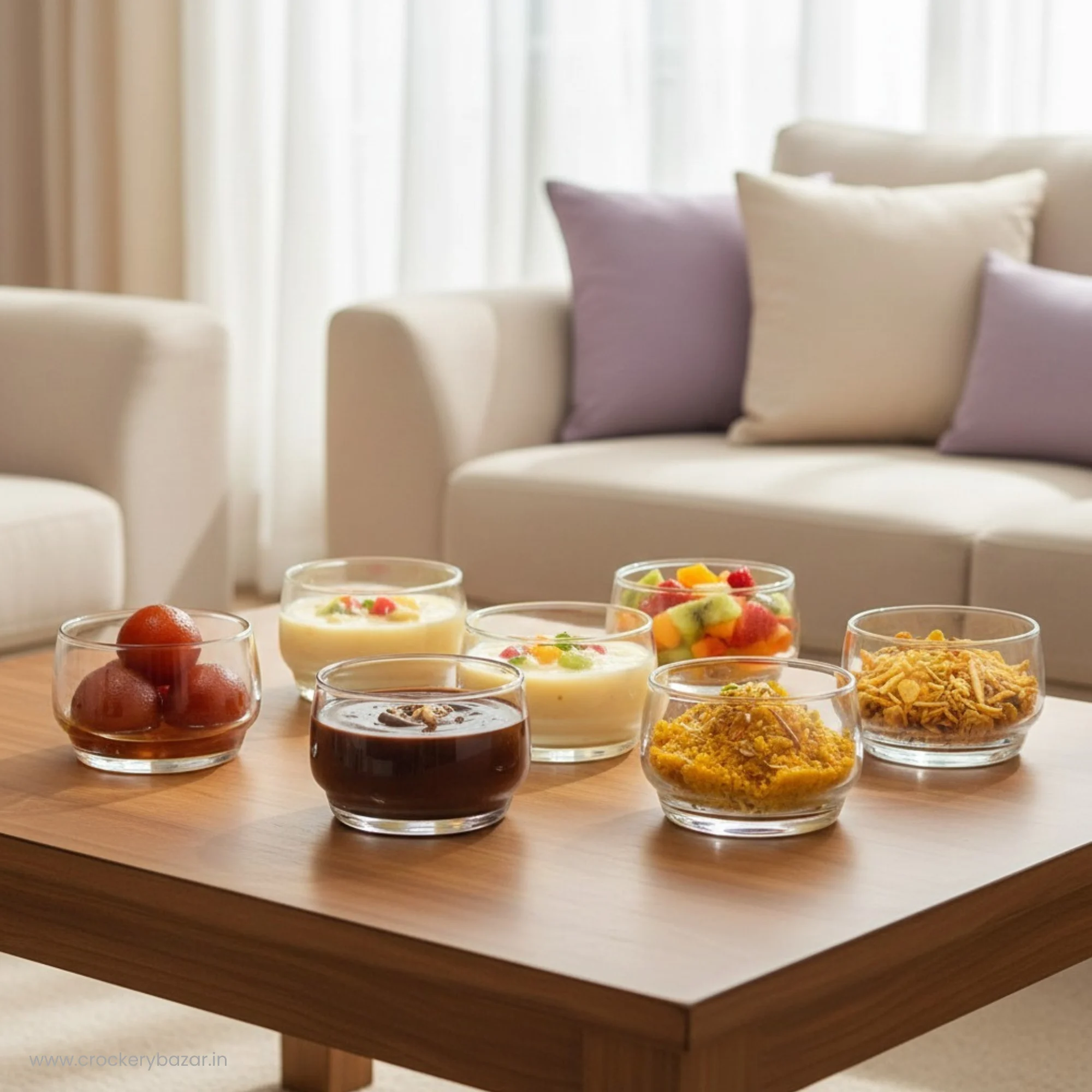Six glass bowls on a wooden center table filled with Gulab Jamun, halwa, namkeen, and fruit custard.
