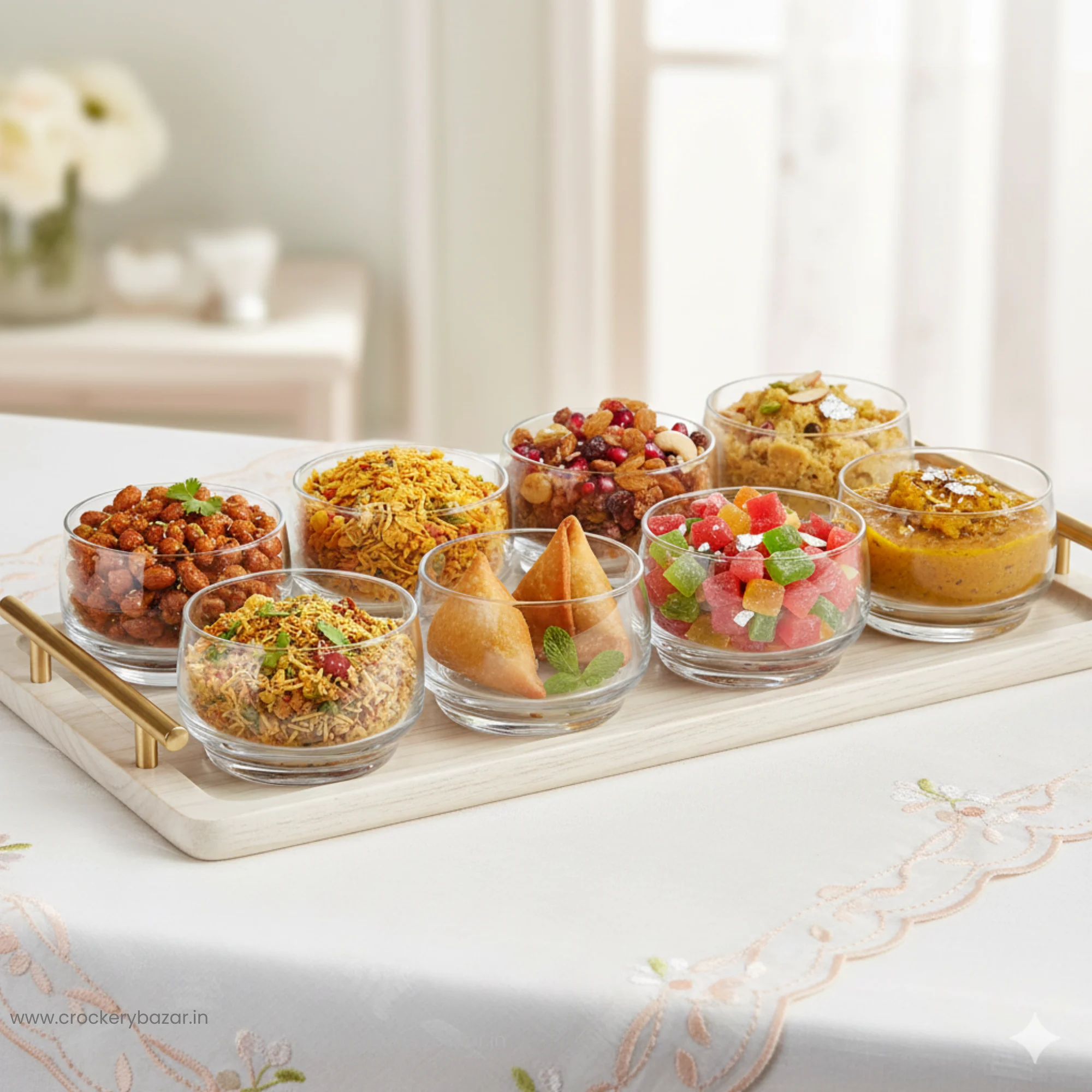 Lights glass bowls on a white and gold tray filled with samosas, namkeen, dry fruits, and Indian sweets.