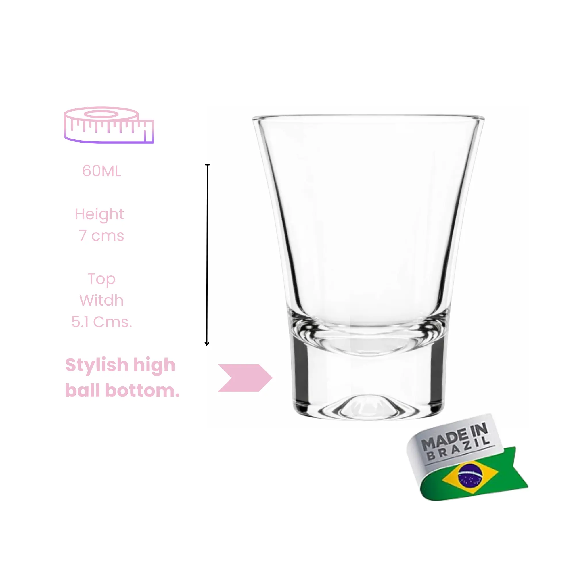 Technical diagram showing the 7 cm height and 5.1 cm top width of the Nadir Ole 60ml shot glass.