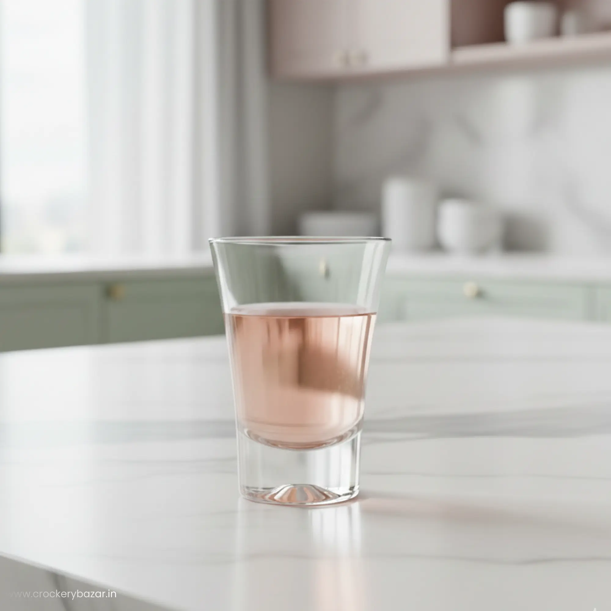 Single Nadir Ole 60ml shot glass filled with a pink rose liqueur or dessert drink on a marble countertop.