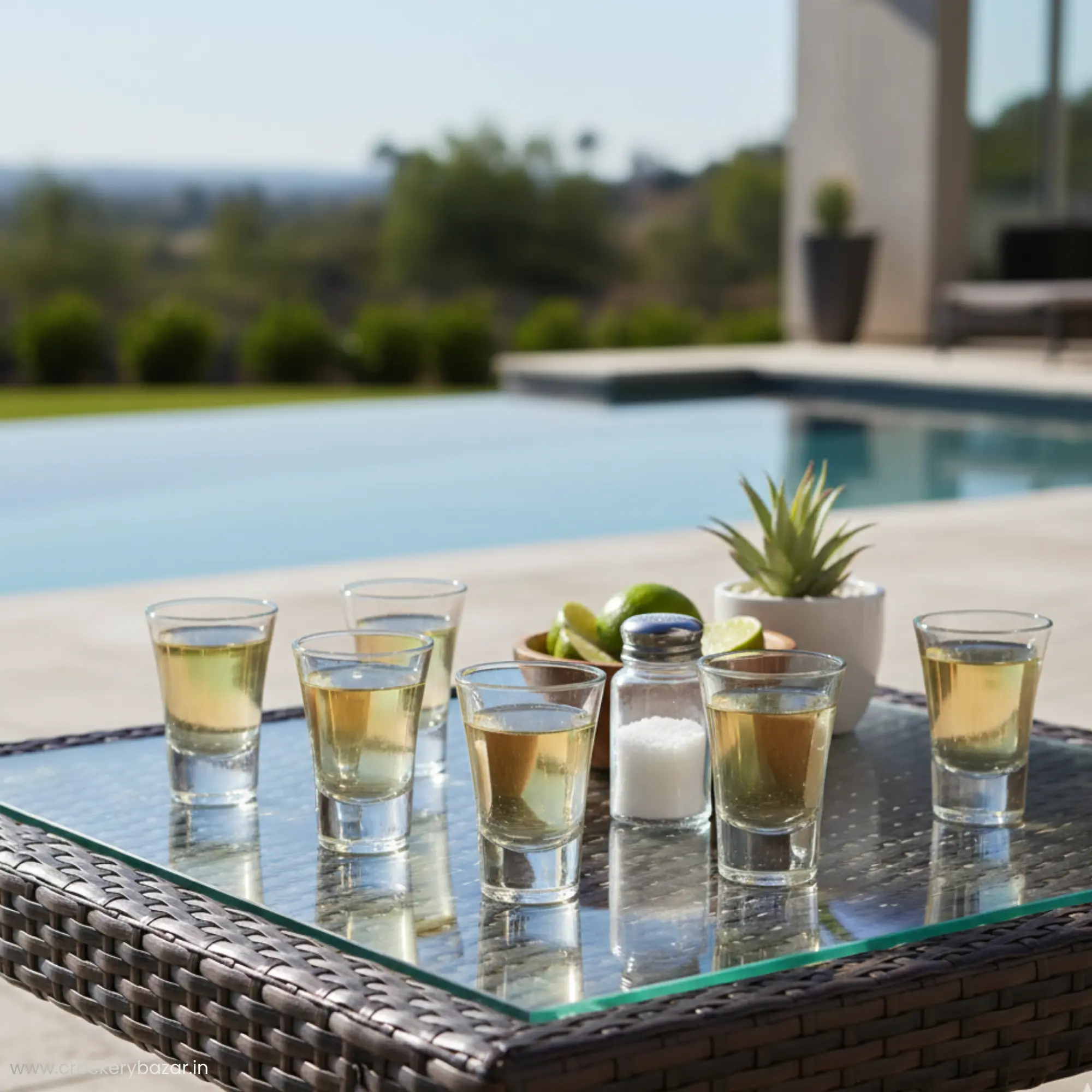 Nadir Ole shot glasses served with lime and salt on a glass table by a luxury swimming pool.