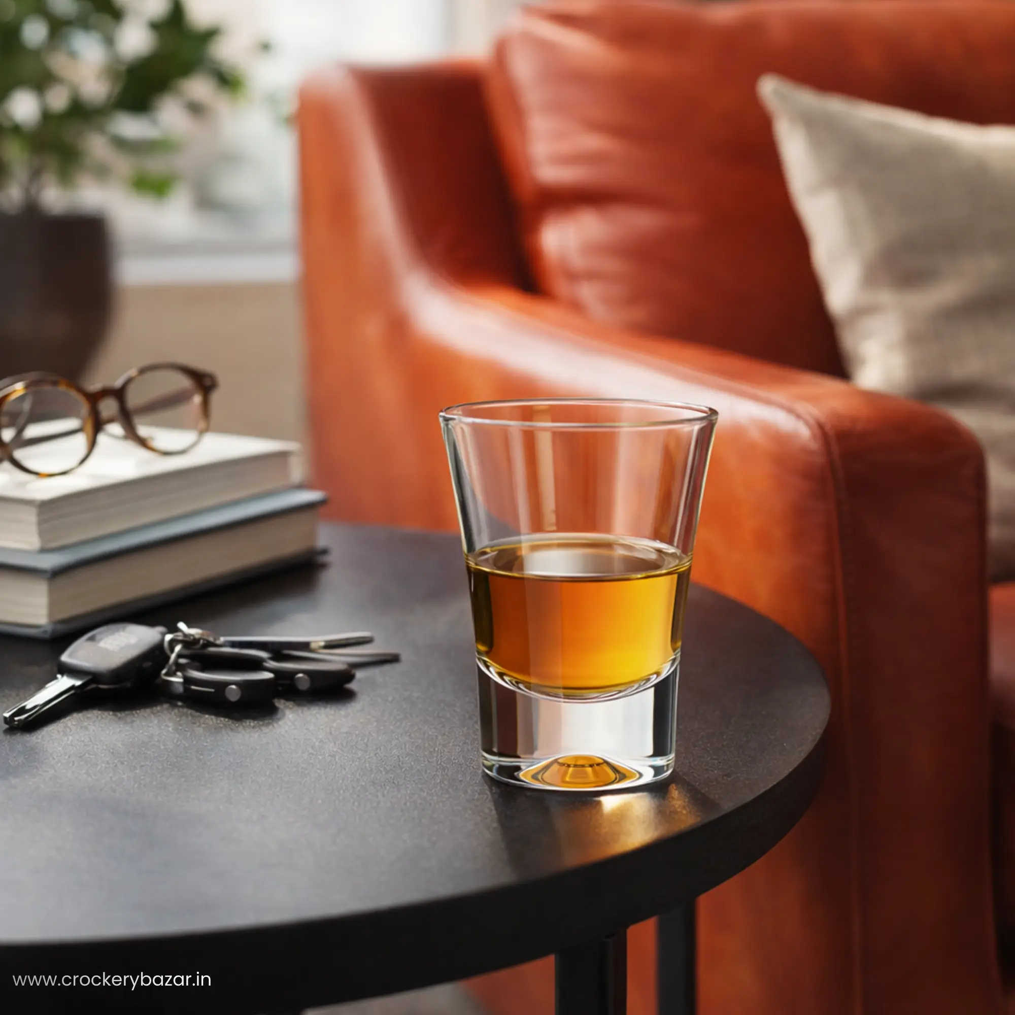 Nadir Ole 60ml shot glass on a black side table next to books and glasses in a cozy living room.