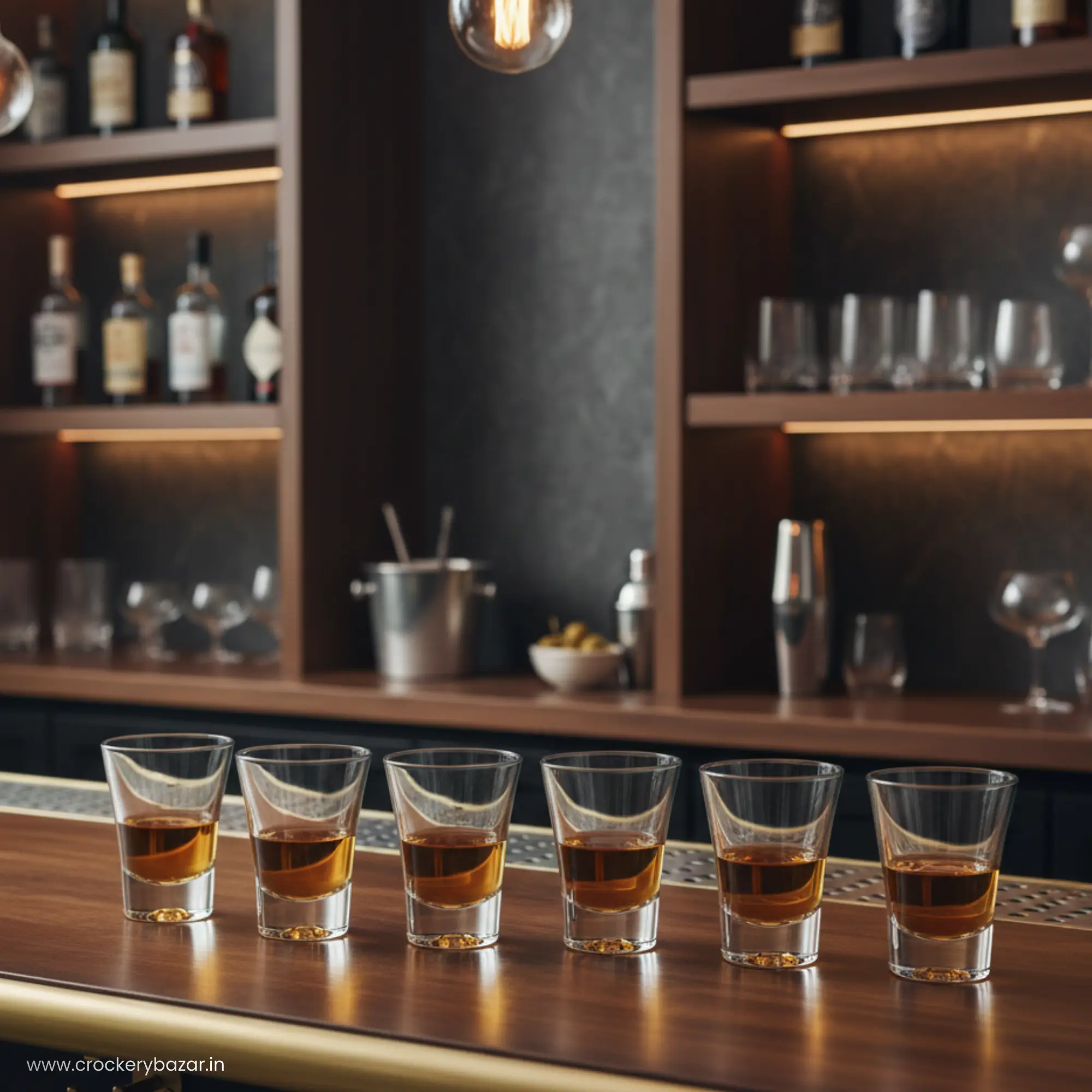 Set of six Nadir Ole 60ml shot glasses lined up on a wooden bar counter with a luxury bar background.