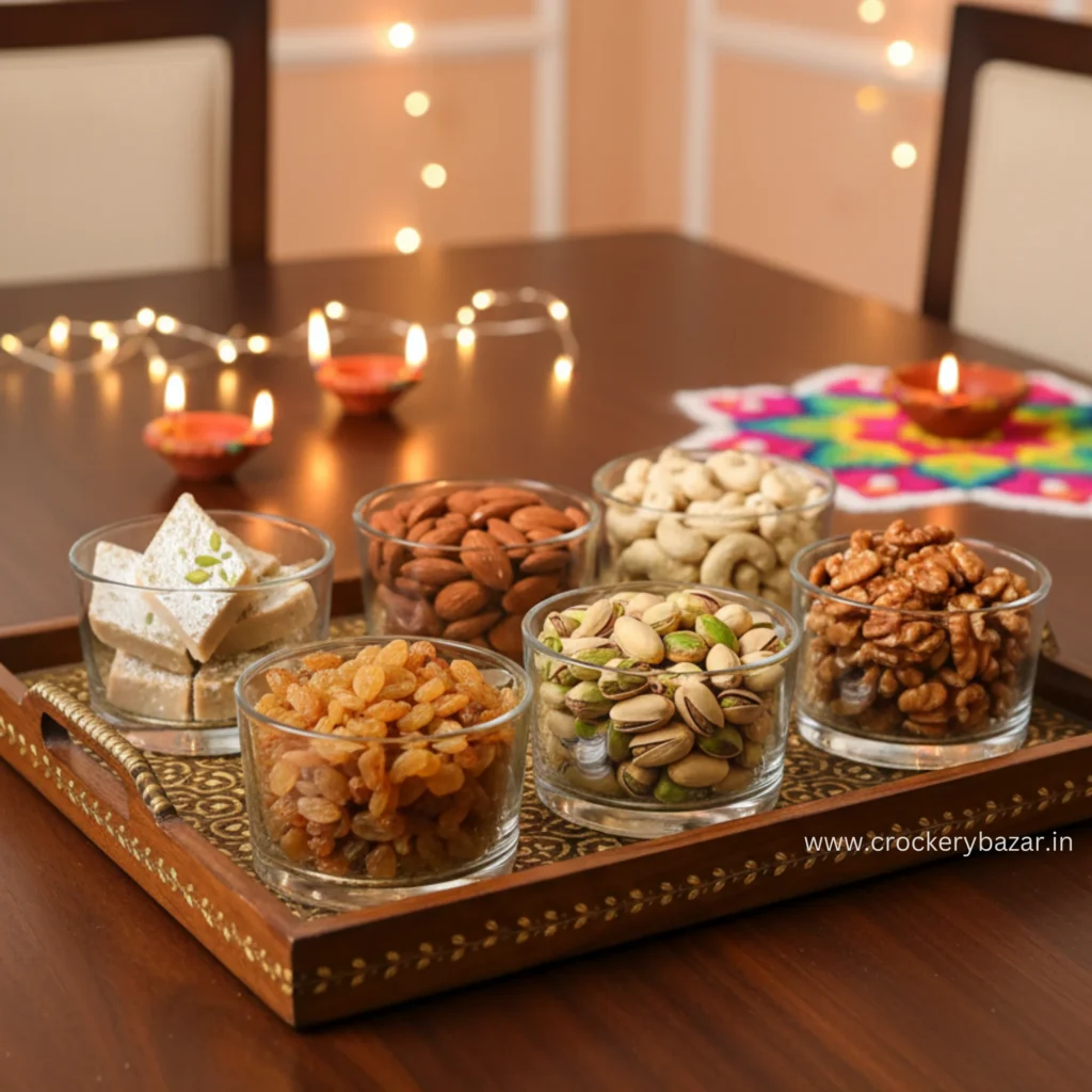 Luxury Uniglass Grande 200ml glass bowls set on a festive Diwali tray with almonds, cashews, pistachios, and silver-leaf sweets.