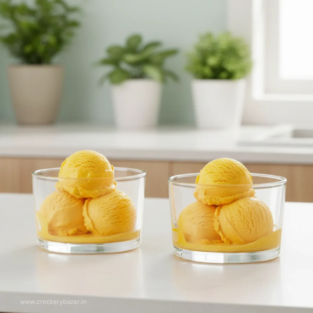 Two luxury Uniglass Grande 200ml glass bowls filled with mango ice cream scoops on a white kitchen counter.
