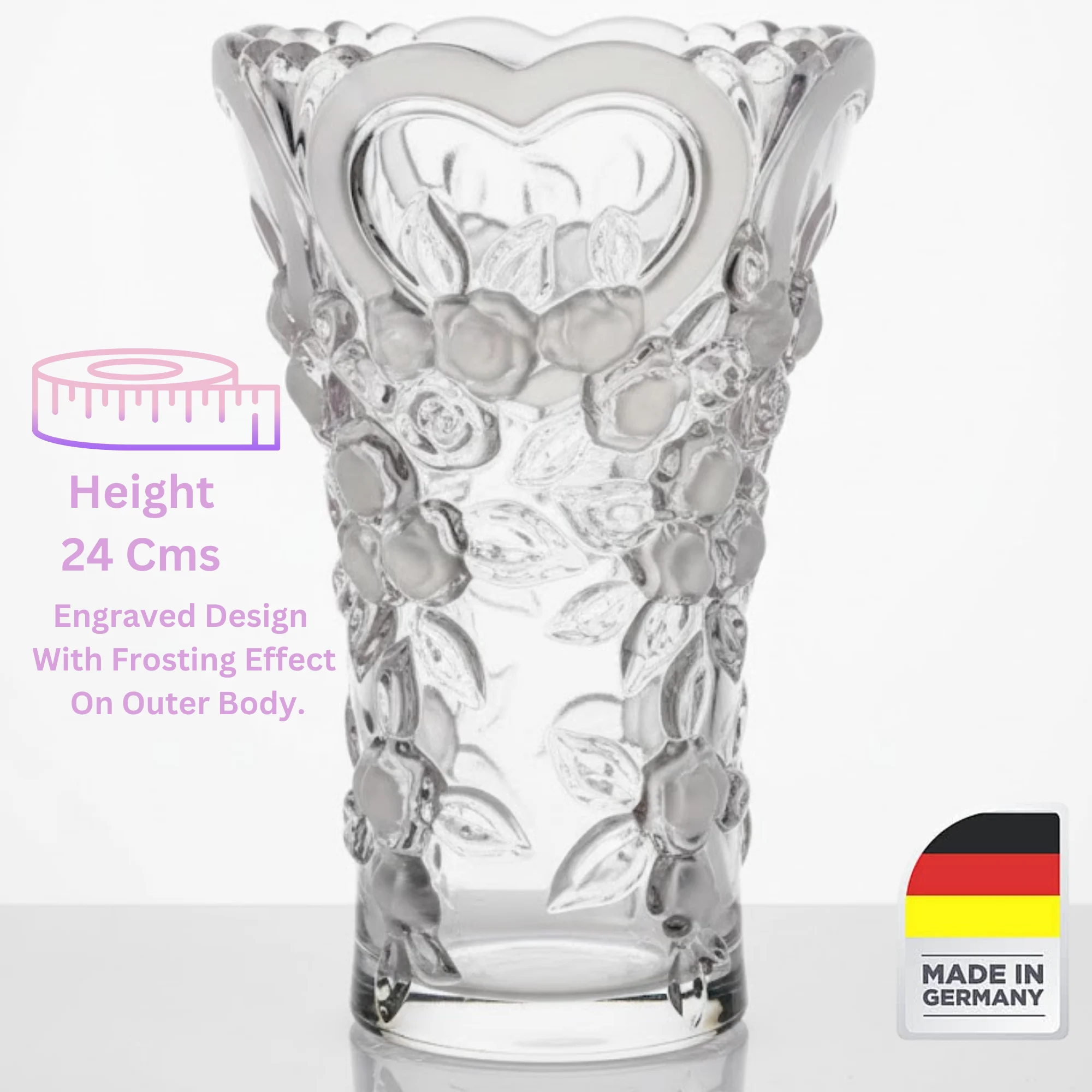 24 cm height Walther Glas Sweetheart German vase with engraved floral design and frosting effect on crystal-glass body.