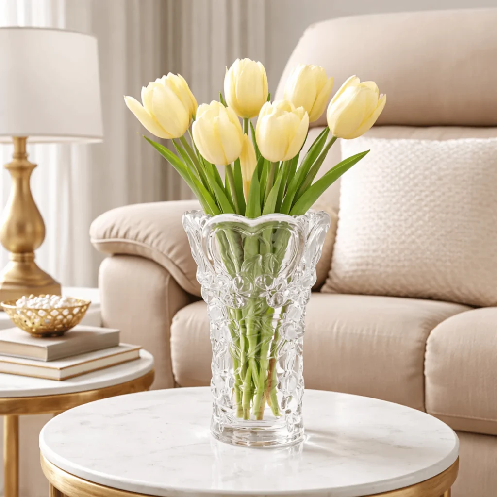 24cm Walther Glas Sweetheart luxury German glass vase for home decor with frosted hearts and floral engravings.