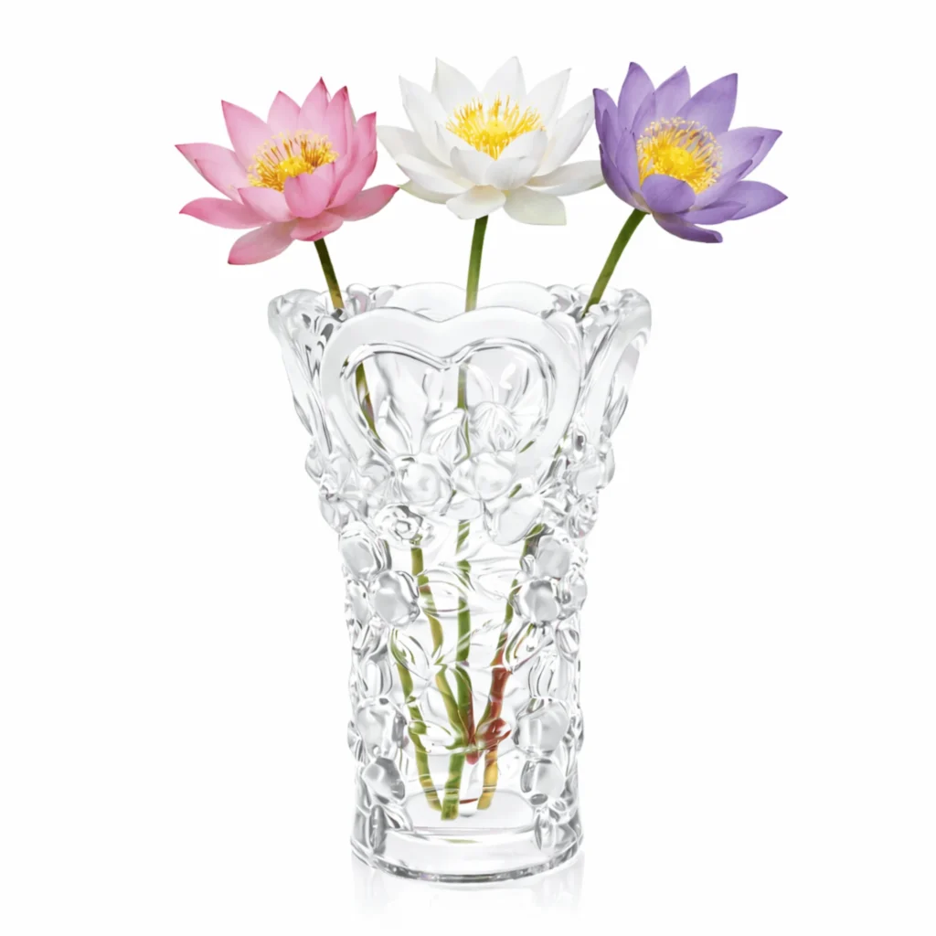 24cm Walther Glas Sweetheart German glass vase for home decor featuring frosted hearts and engraved leaves. A unique large vase for home decor