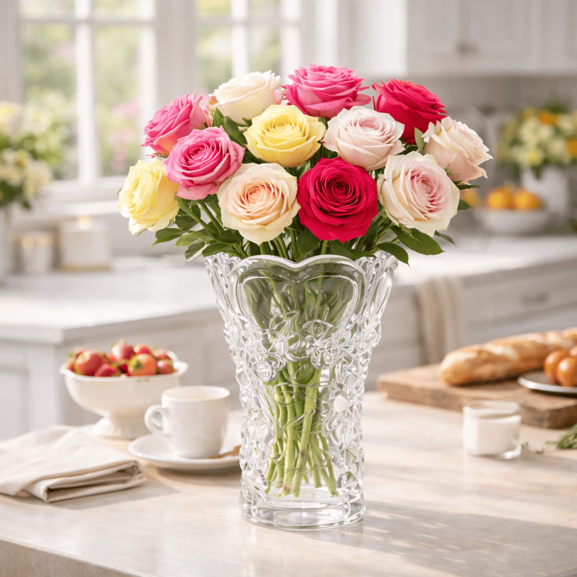 Luxury Walther Glas Sweetheart vase with a colorful rose bouquet on a kitchen island, showcasing premium German home decor.