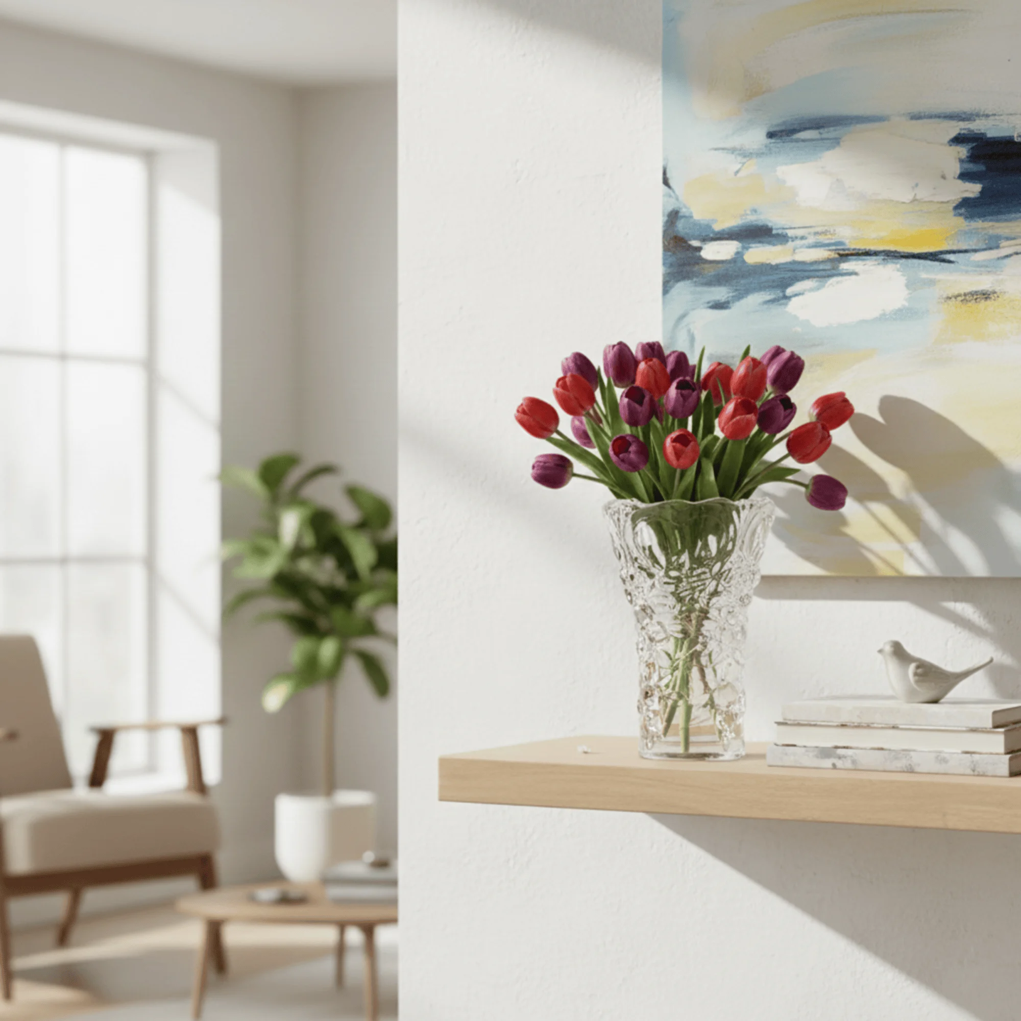 Walther Glas Sweetheart vase with red and purple tulips on a floating wooden shelf in a minimalist room corner.