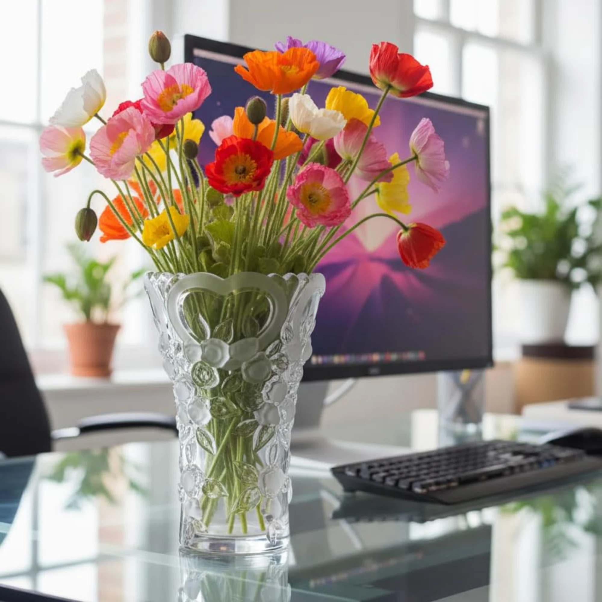 Walther Glas Sweetheart vase on a modern office desk with a colorful floral arrangement and computer setup.